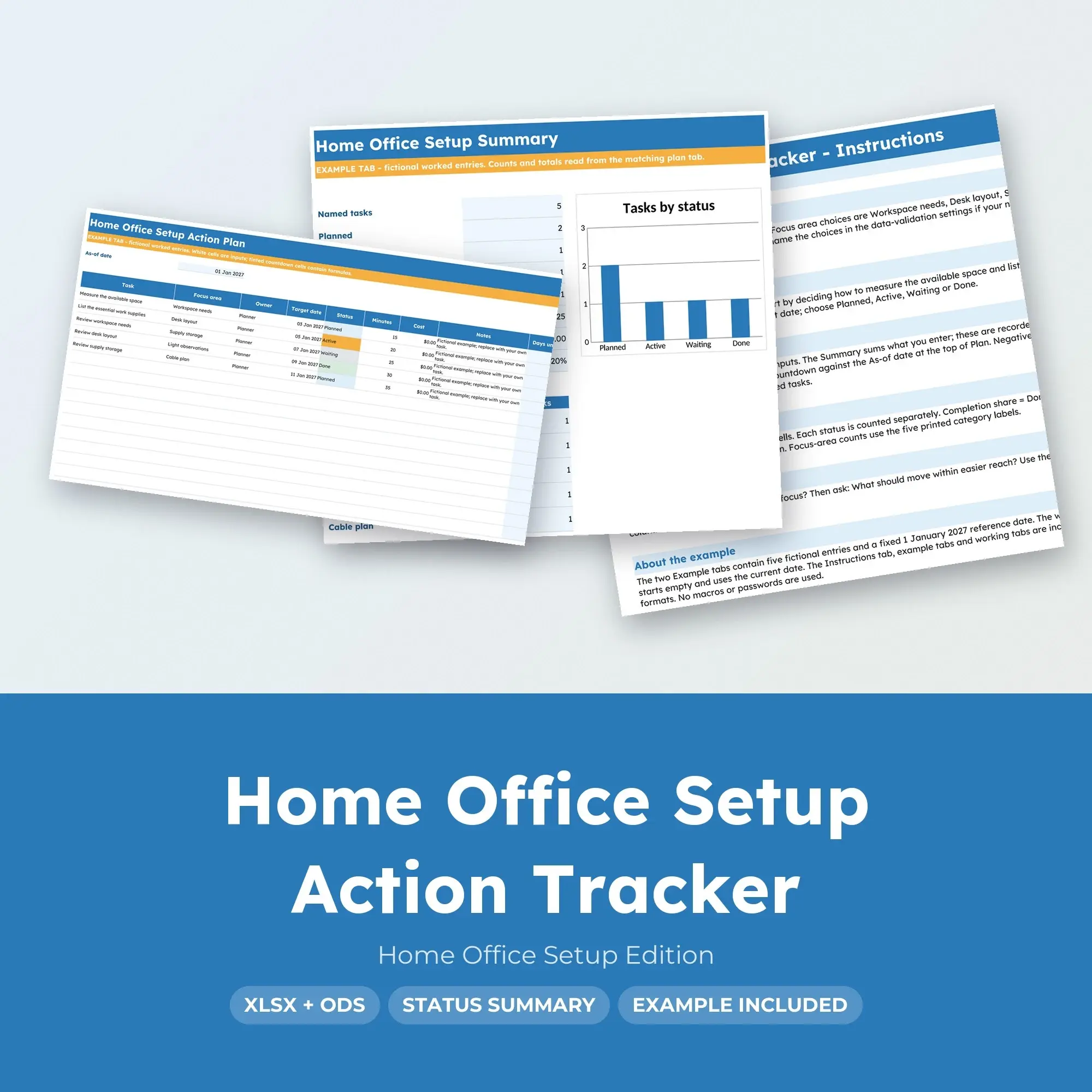 Home Office Setup Action Tracker Spreadsheet, XLSX + ODS preview