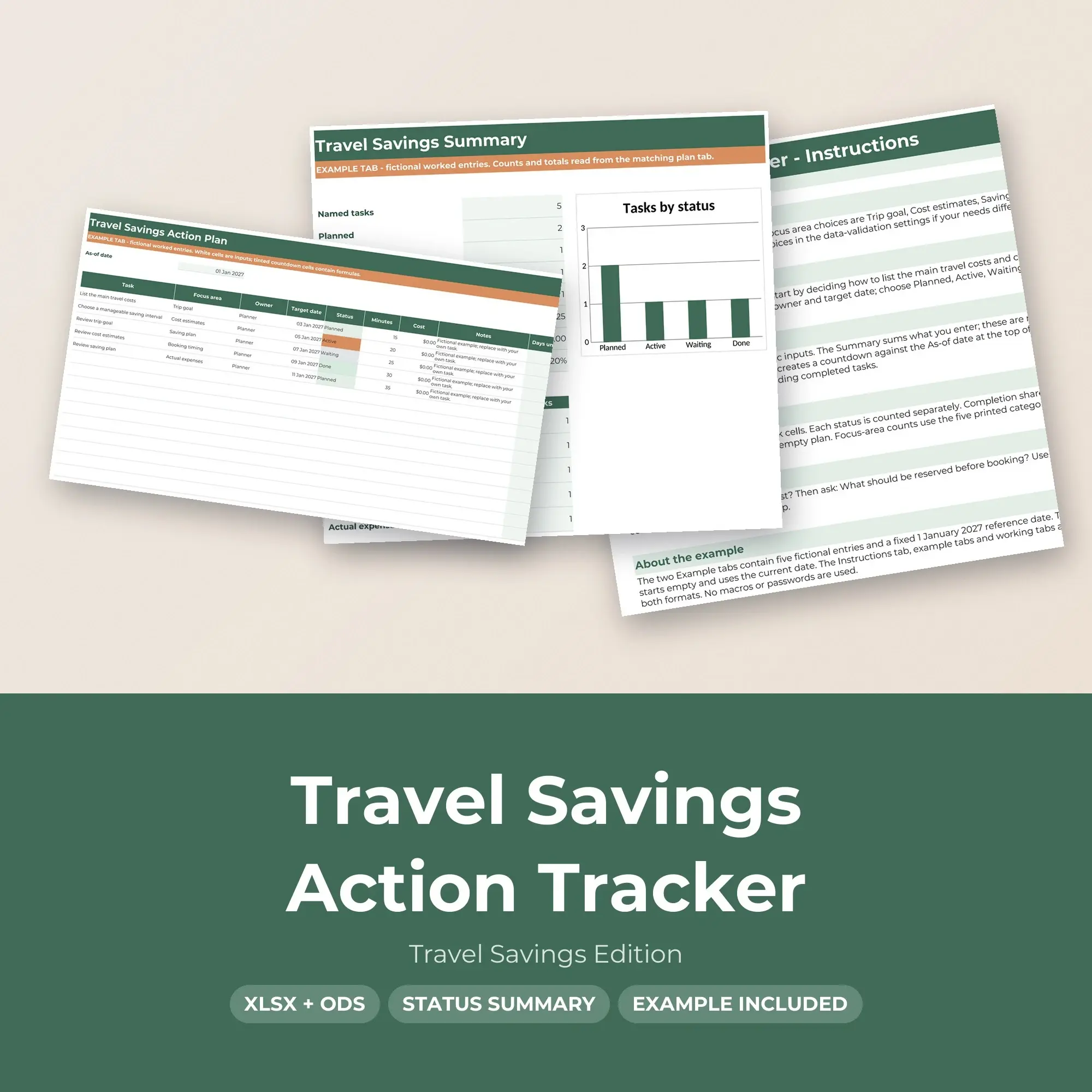 Travel Savings Action Tracker Spreadsheet, XLSX + ODS preview