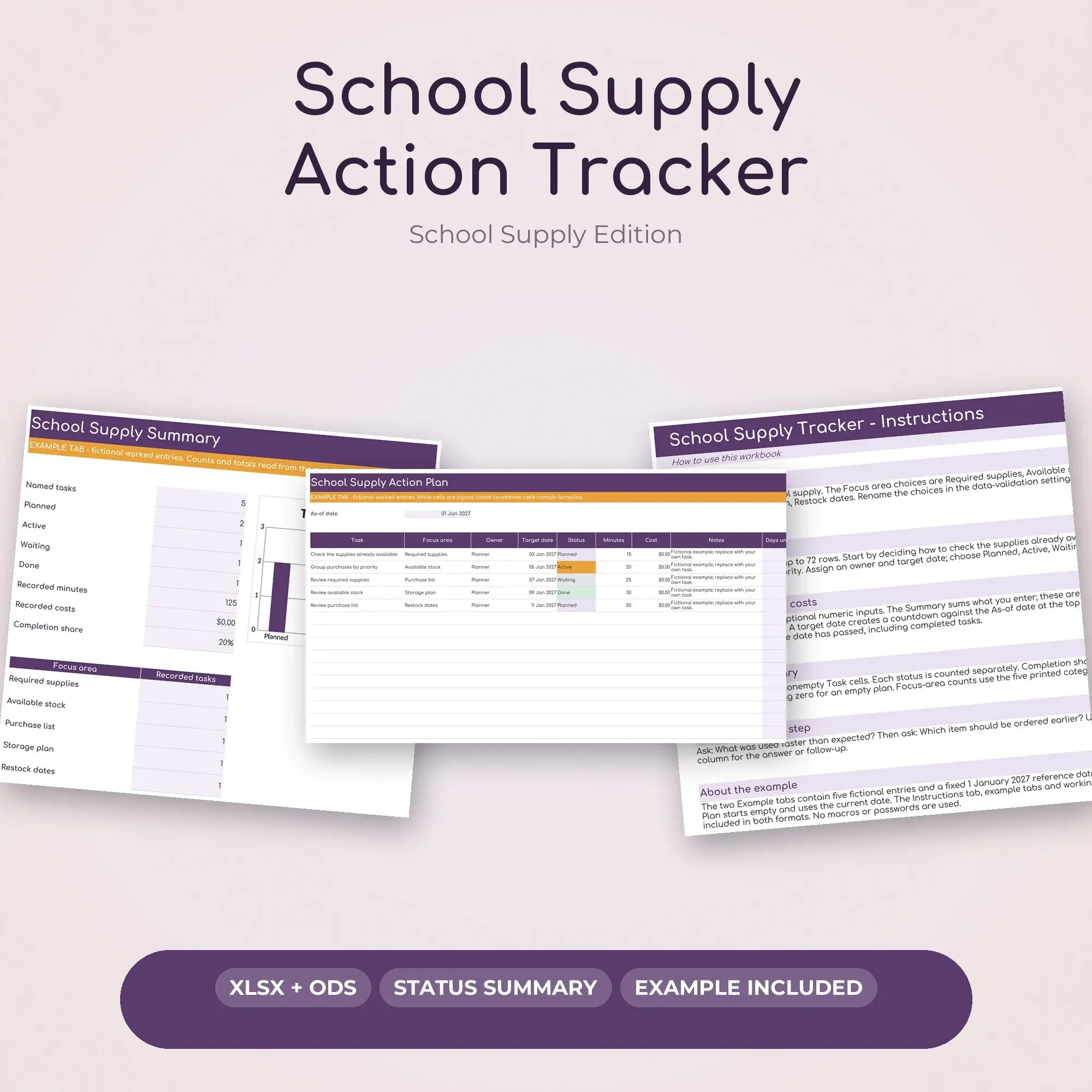 School Supply Action Tracker Spreadsheet, XLSX + ODS, preview 1 of 2
