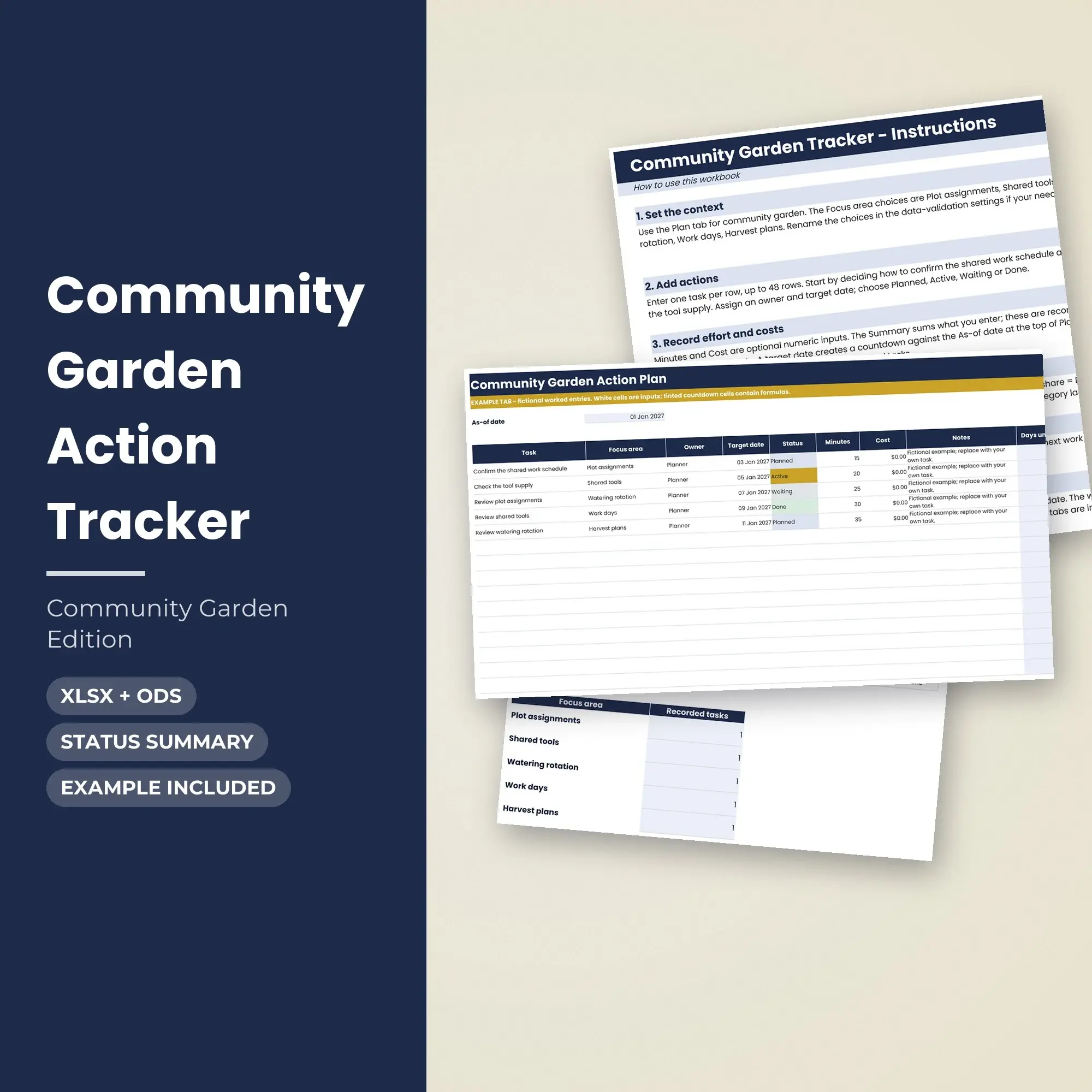 Community Garden Action Tracker Spreadsheet, XLSX + ODS, preview 1 of 2