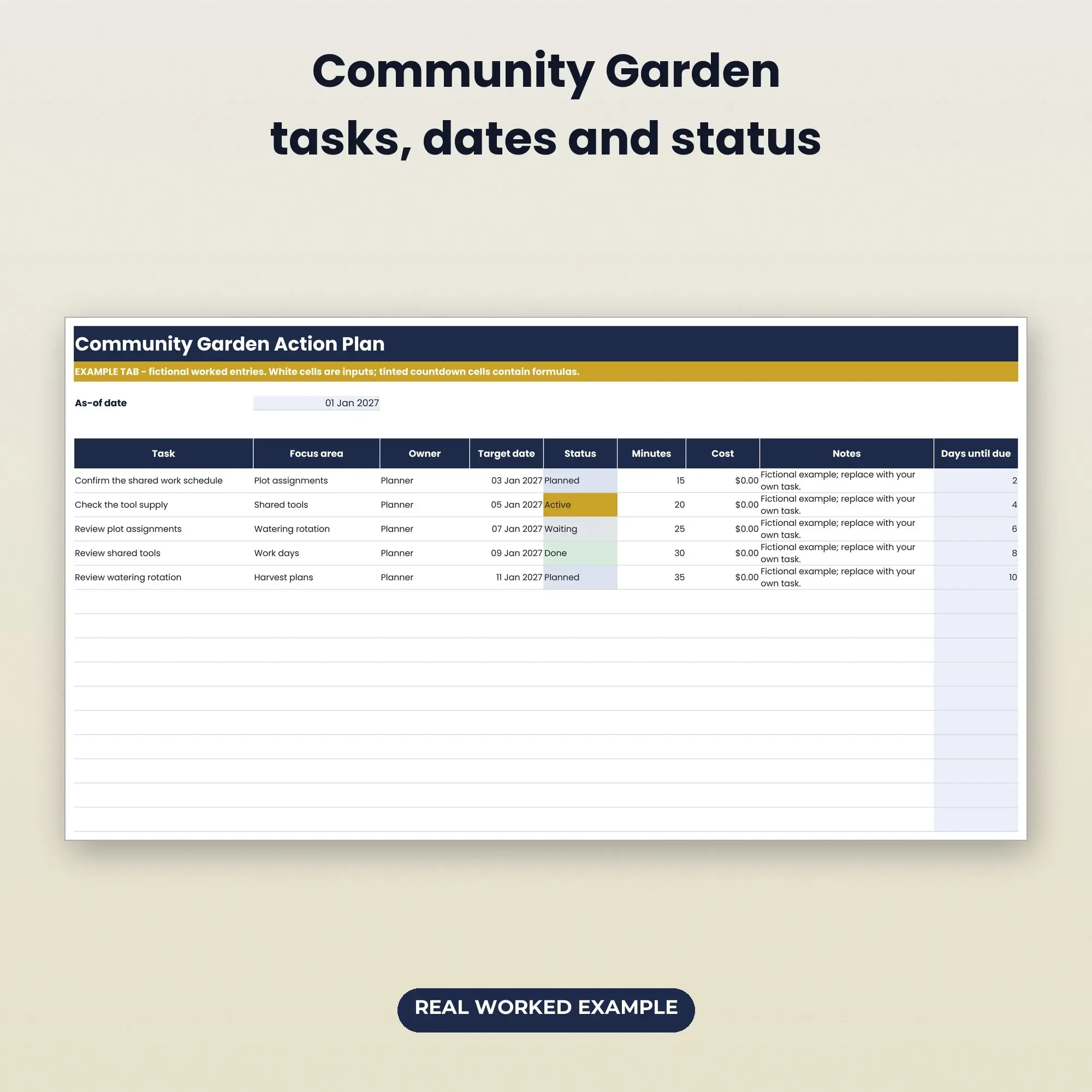 Community Garden Action Tracker Spreadsheet, XLSX + ODS, preview 2 of 2
