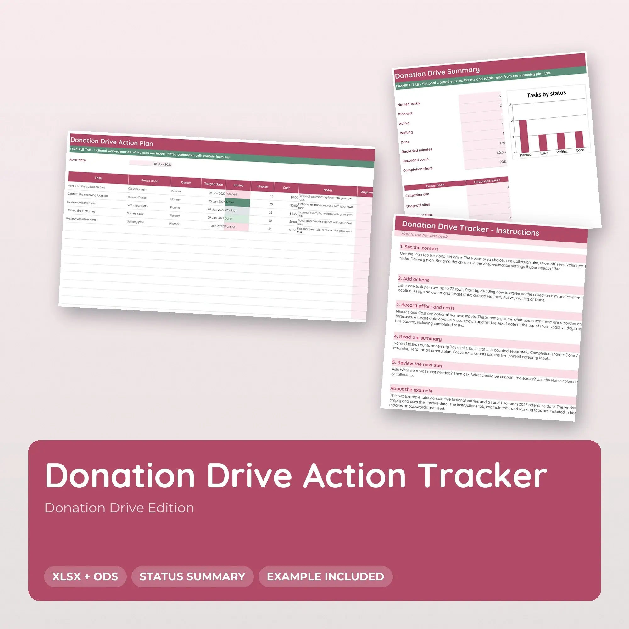 Donation Drive Action Tracker Spreadsheet, XLSX + ODS preview