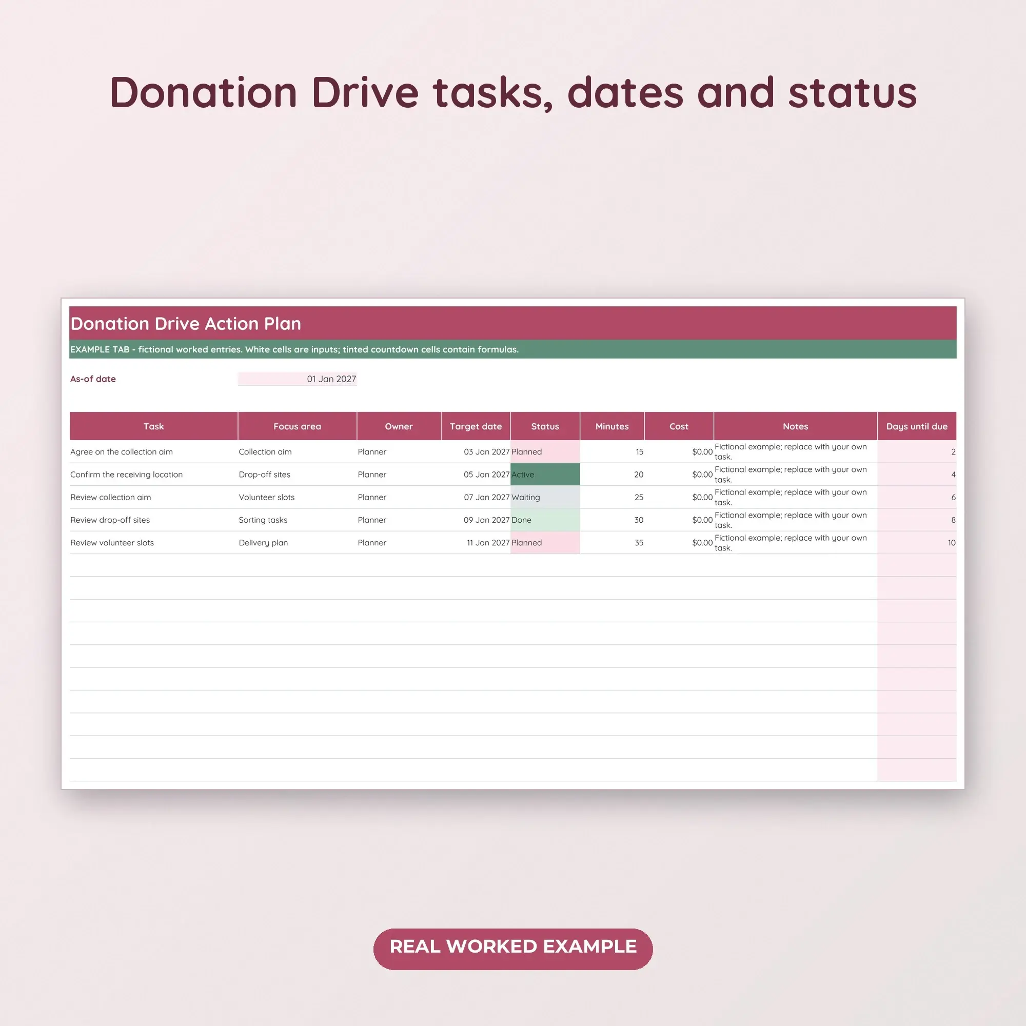 Donation Drive Action Tracker Spreadsheet, XLSX + ODS, preview 2 of 2