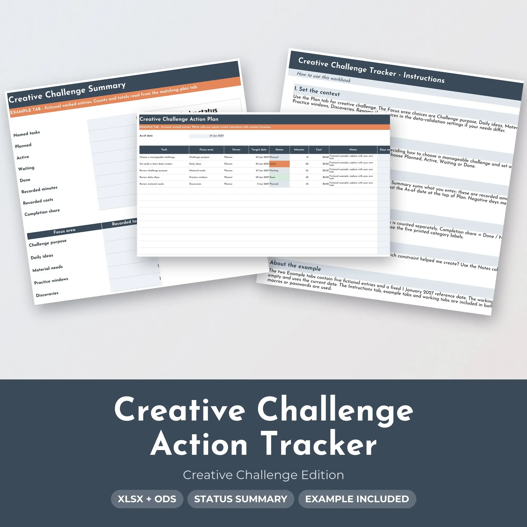 Creative Challenge Action Tracker Spreadsheet, XLSX + ODS preview