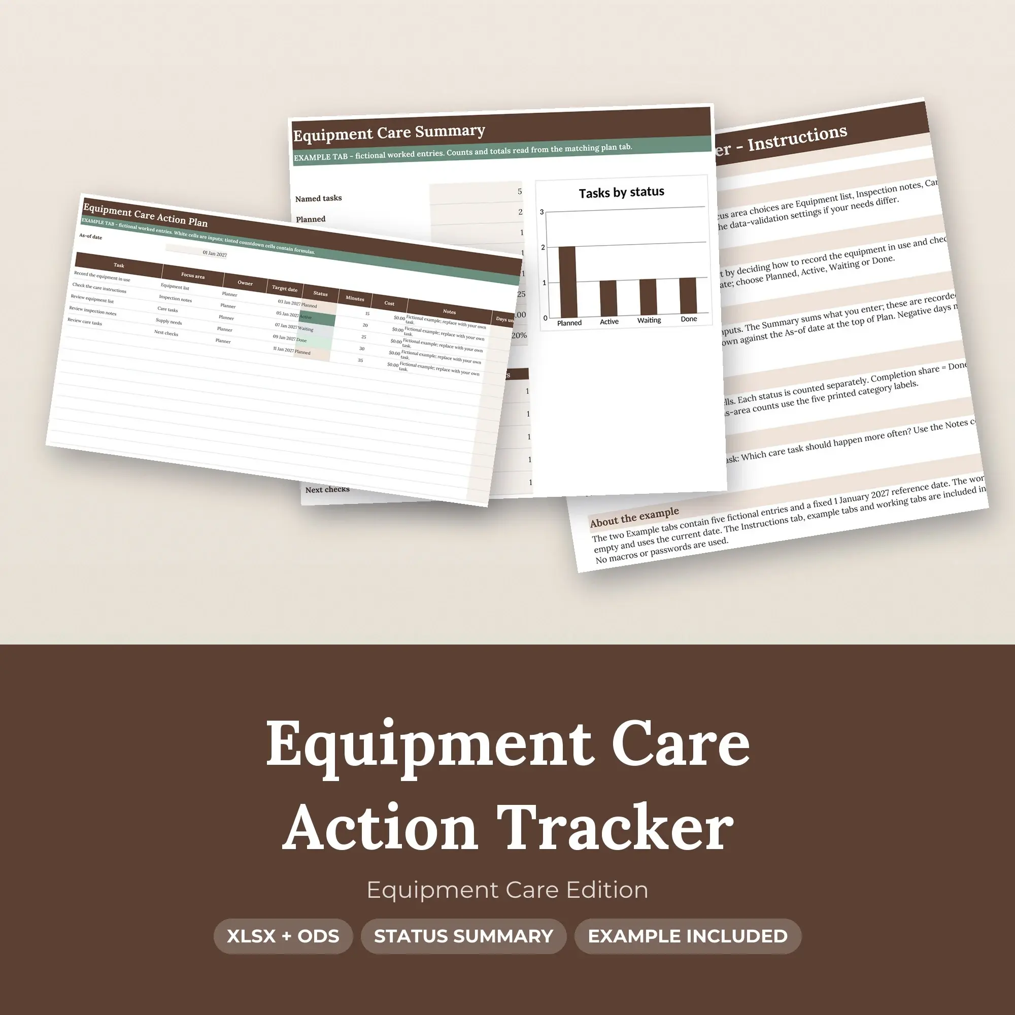 Equipment Care Action Tracker Spreadsheet, XLSX + ODS preview