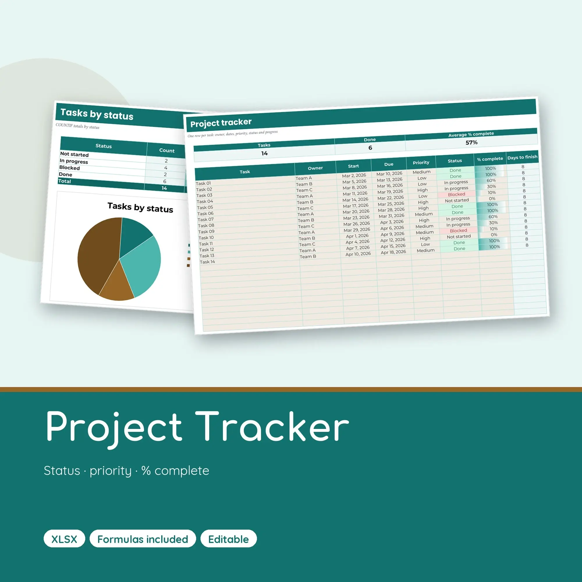 Project Tracker Spreadsheet with Status Dropdowns and Progress Bars (XLSX) preview