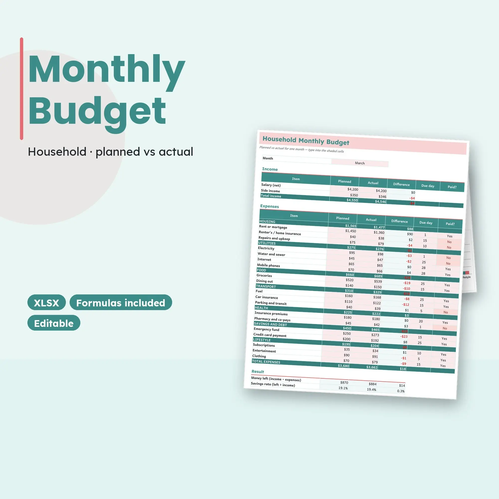 Monthly Budget Spreadsheet Template, Household Planned vs Actual (XLSX) preview