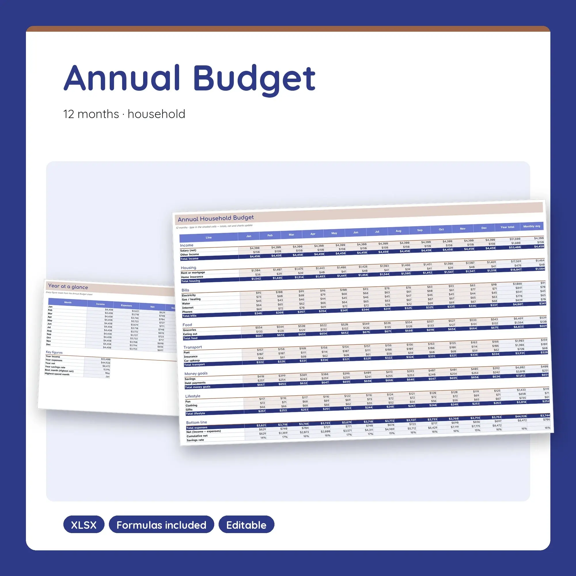 Annual Budget Spreadsheet, 12-Month Household Planner with Charts (XLSX) preview