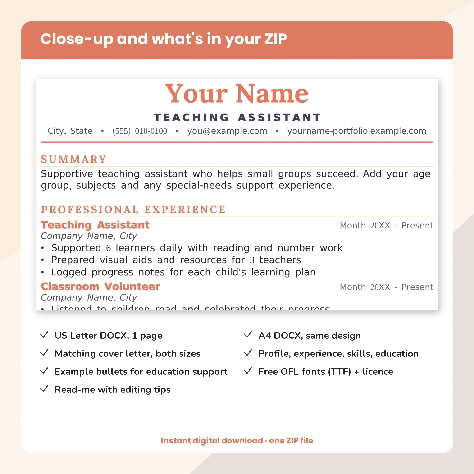 Teaching Assistant Resume Template + Cover Letter, Classic Centered (DOCX), preview 2 of 2