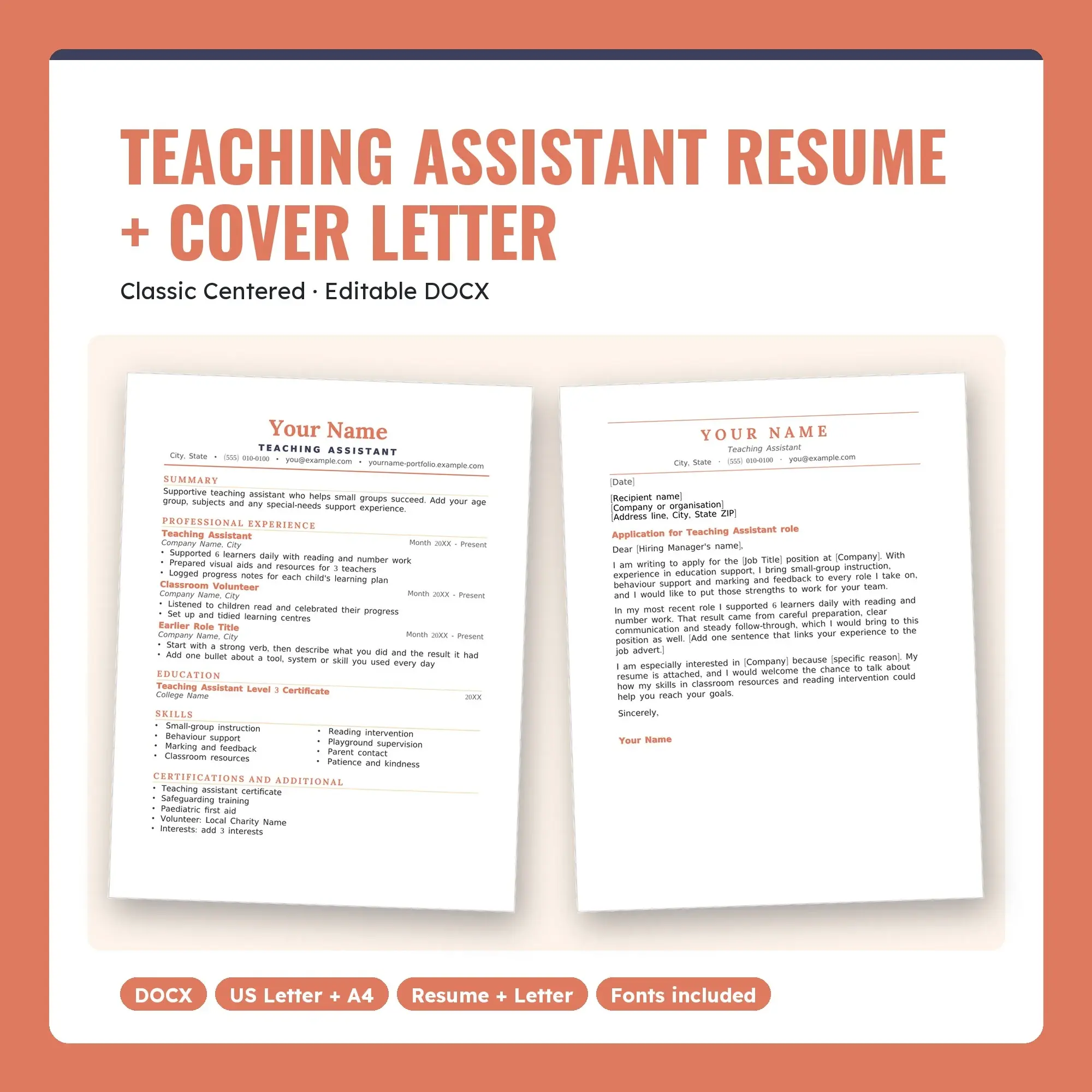 Teaching Assistant Resume Template + Cover Letter, Classic Centered (DOCX) preview