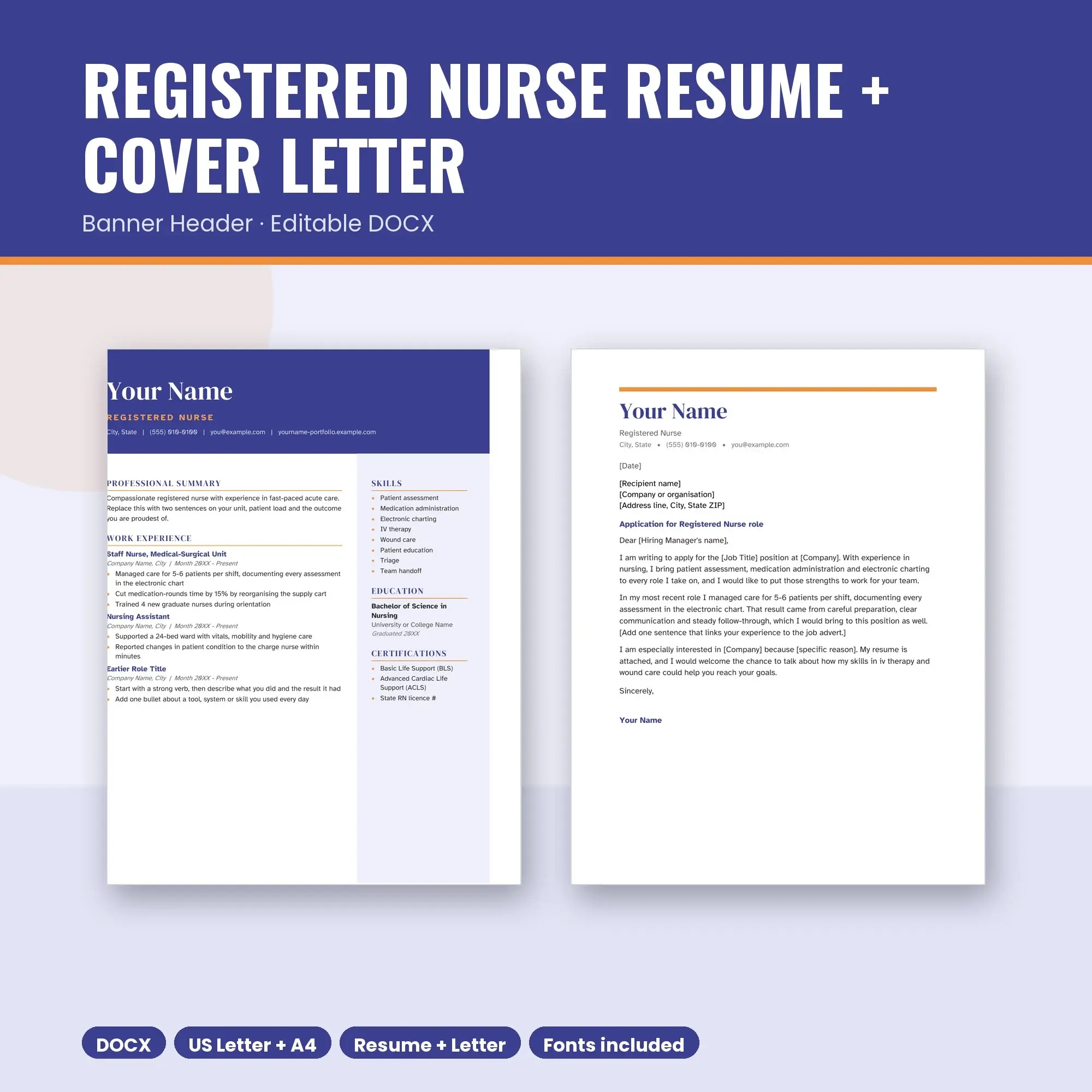 Registered Nurse Resume Template + Cover Letter, Banner Header (DOCX) preview
