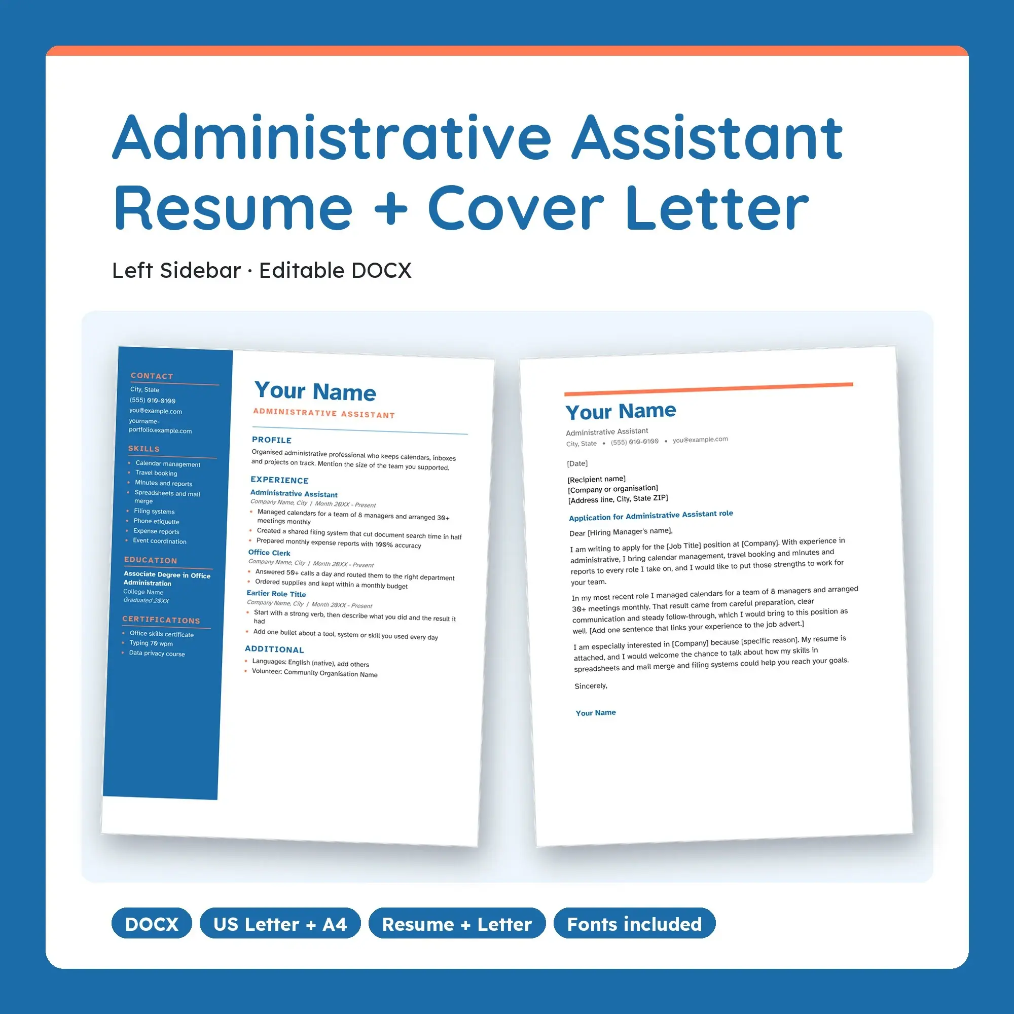Administrative Assistant Resume Template + Cover Letter, Left Sidebar (DOCX) preview