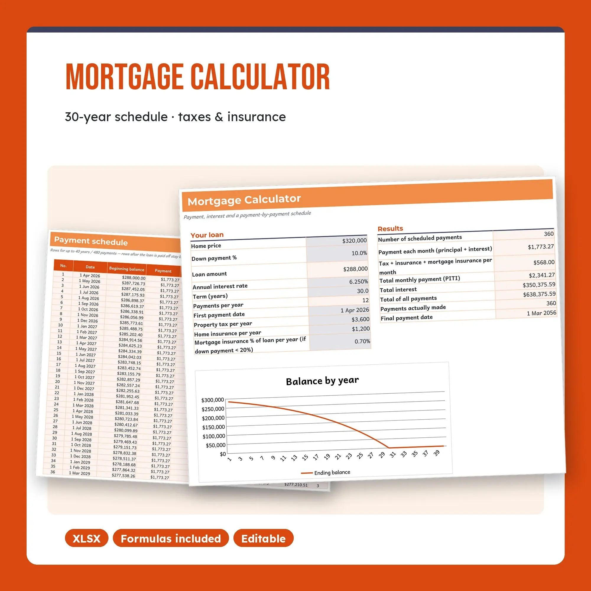 Mortgage Calculator Spreadsheet, 30-Year Payment Schedule with PITI (XLSX) preview