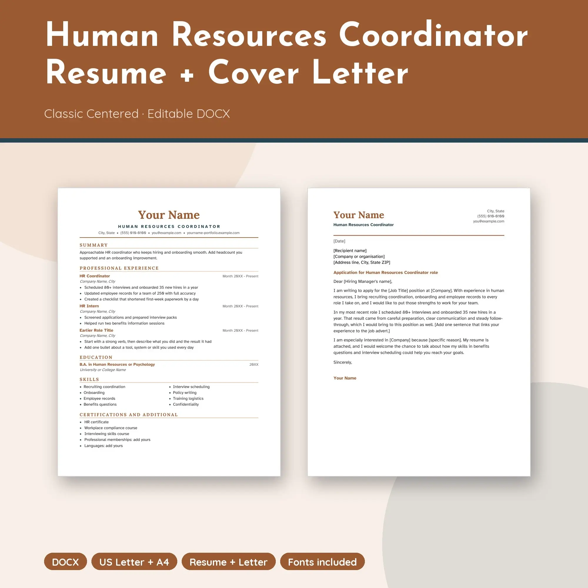 Human Resources Coordinator Resume + Cover Letter Template, Classic Centered (DOCX) preview