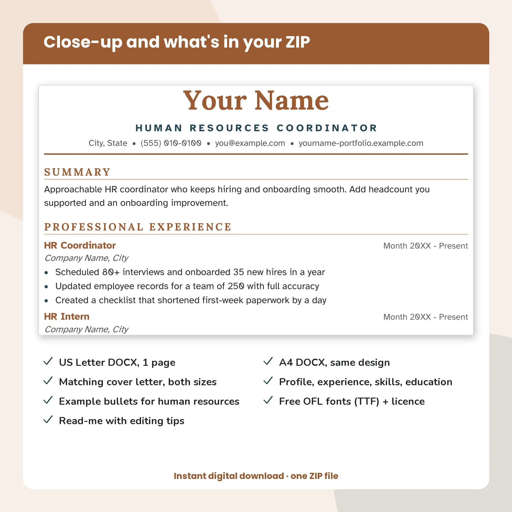Human Resources Coordinator Resume + Cover Letter Template, Classic Centered (DOCX), preview 2 of 2