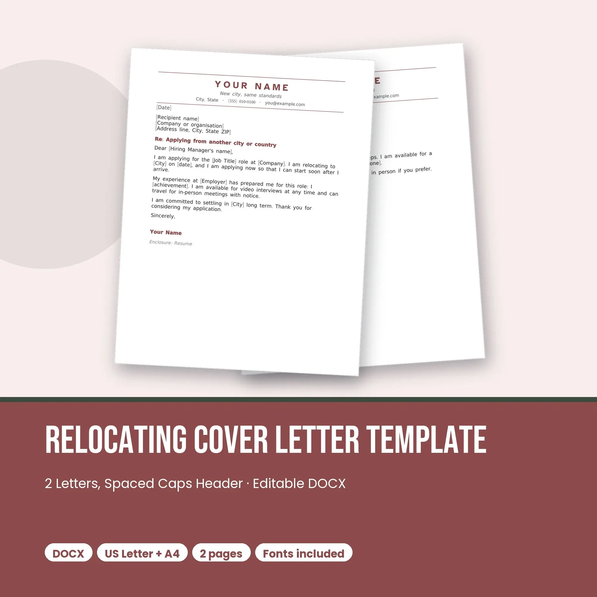 Relocating Cover Letter Template, 2 Letters, Spaced Caps Header (DOCX) preview