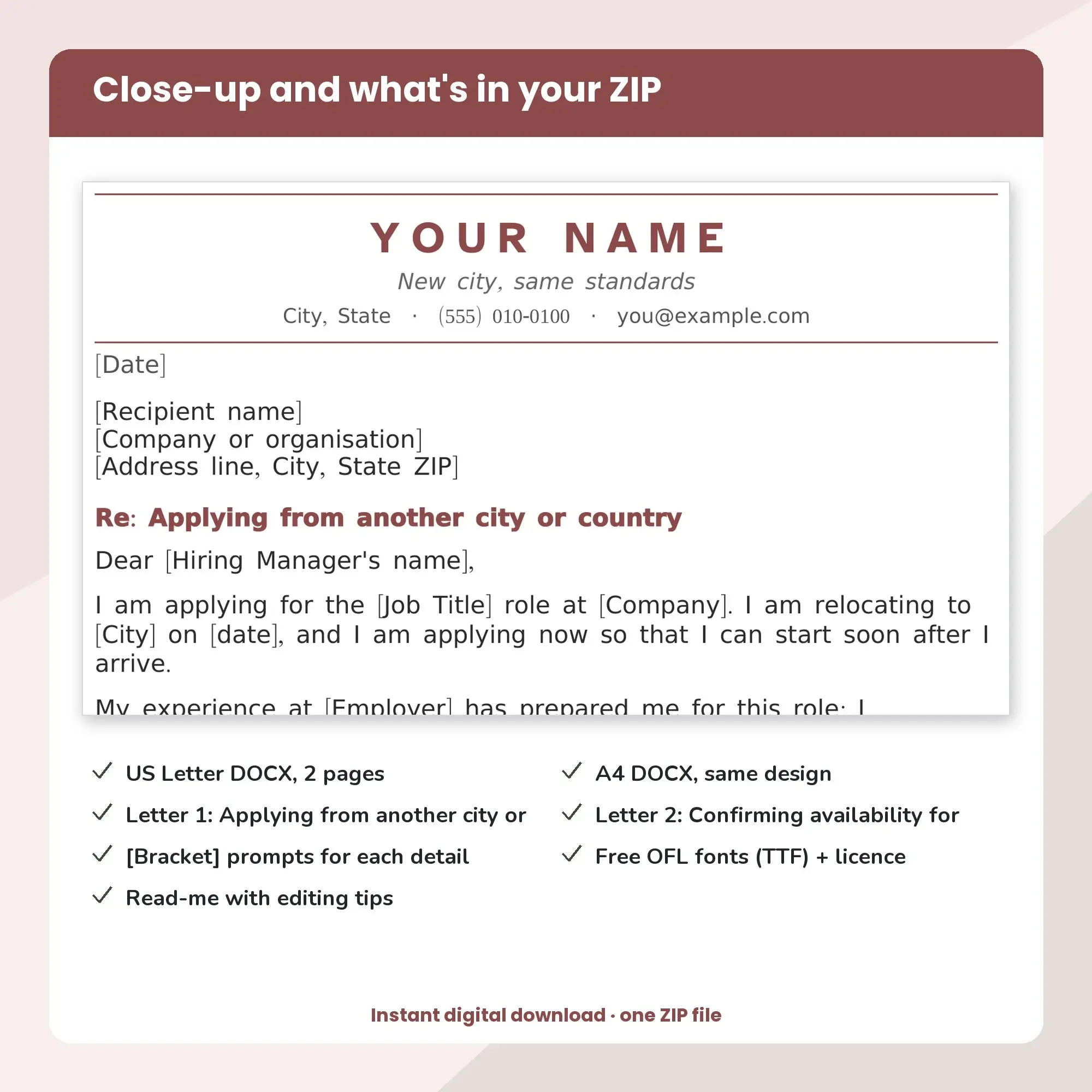 Relocating Cover Letter Template, 2 Letters, Spaced Caps Header (DOCX), preview 2 of 2