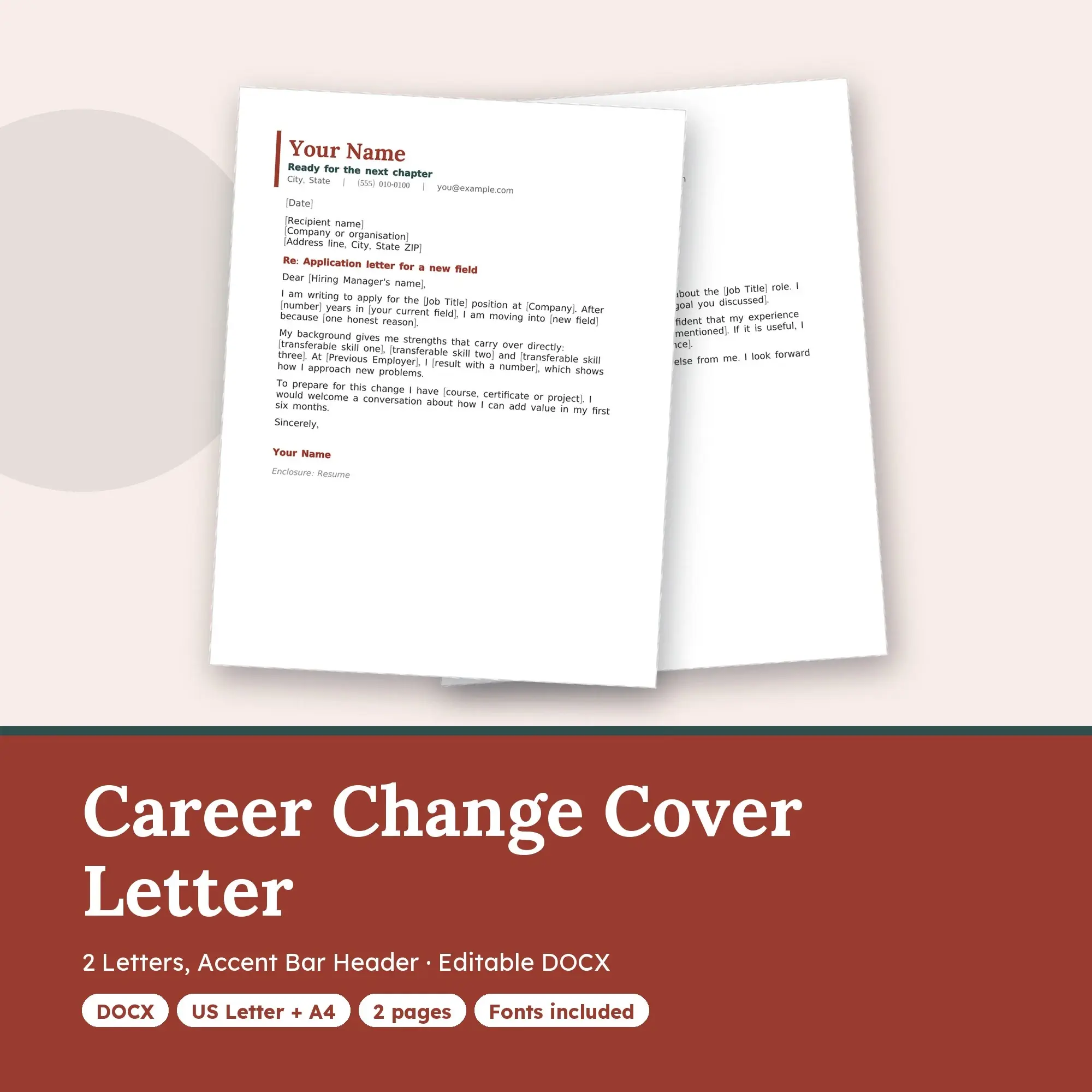 Career Change Cover Letter Template, 2 Letters, Accent Bar Header (DOCX) preview