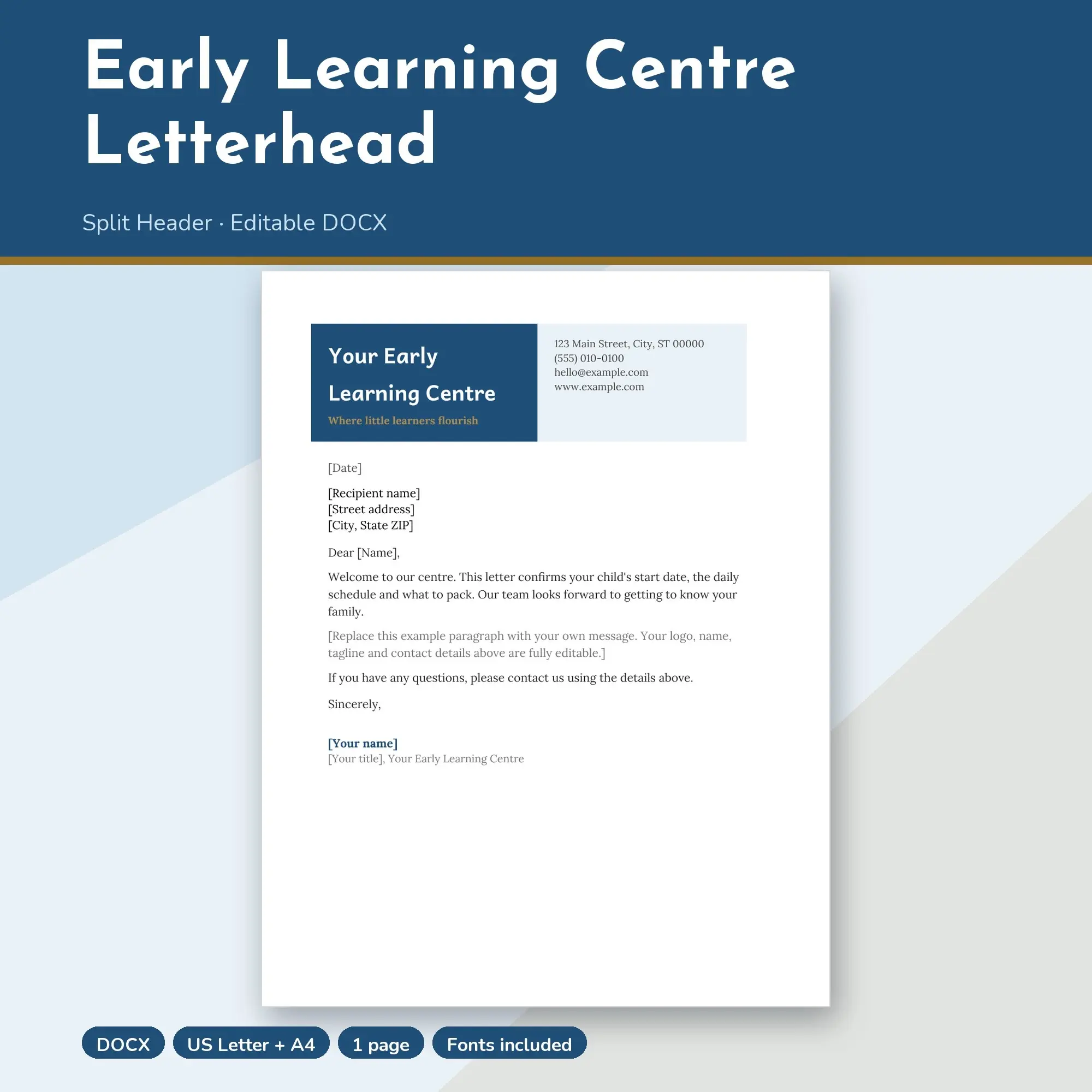 Early Learning Centre Letterhead Template, Split Header (DOCX), preview 1 of 2