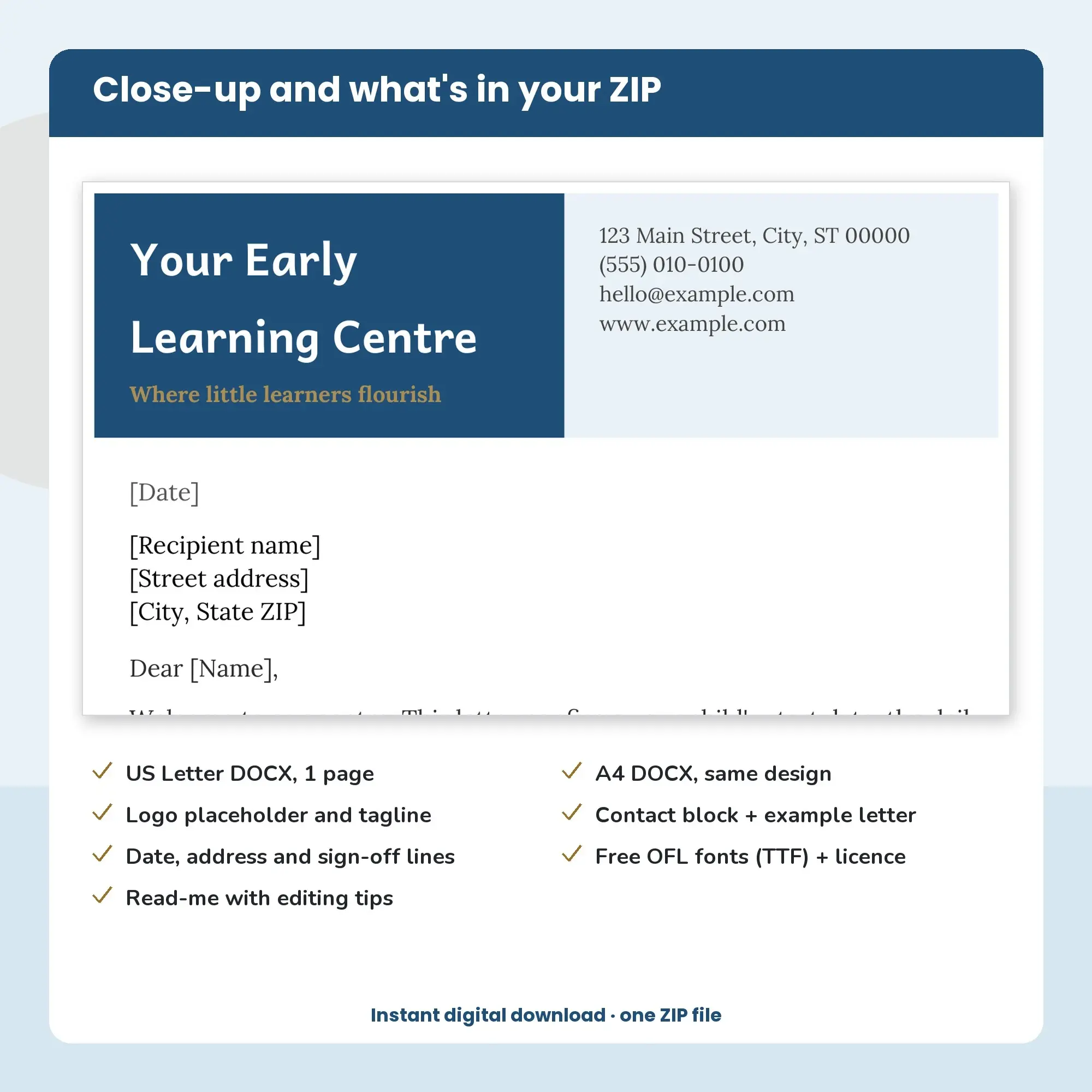 Early Learning Centre Letterhead Template, Split Header (DOCX), preview 2 of 2
