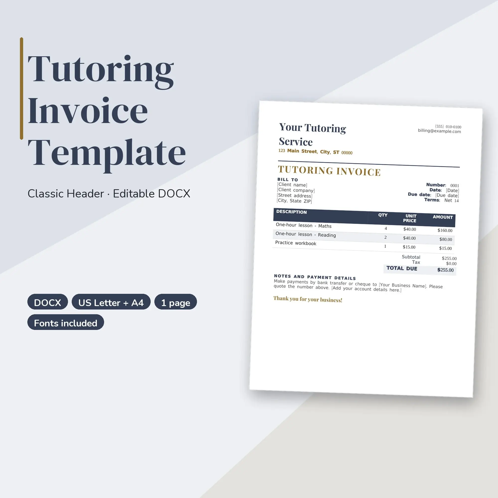 Tutoring Invoice Template, Classic Header (DOCX) preview