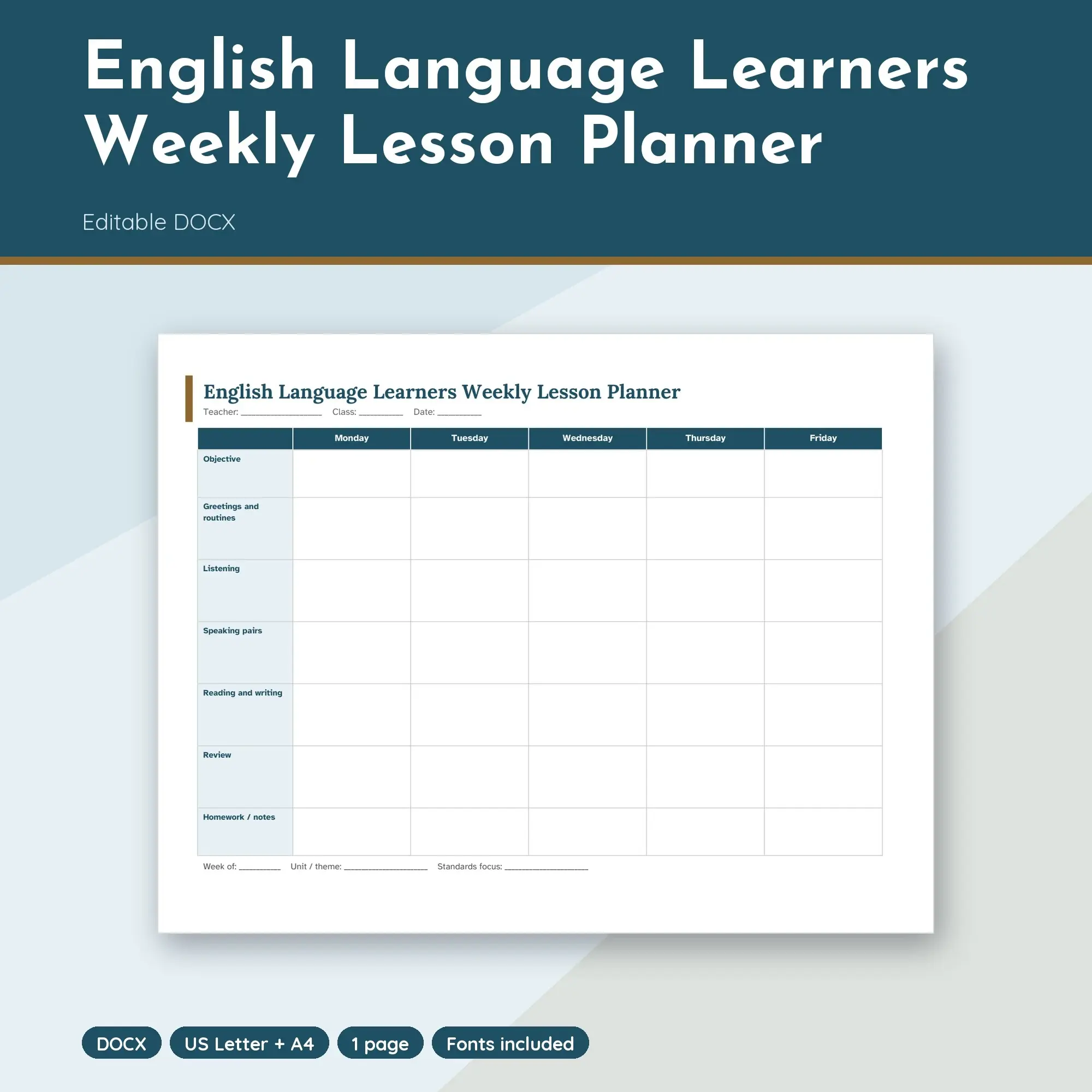 English Language Learners Weekly Lesson Planner Template (DOCX) preview