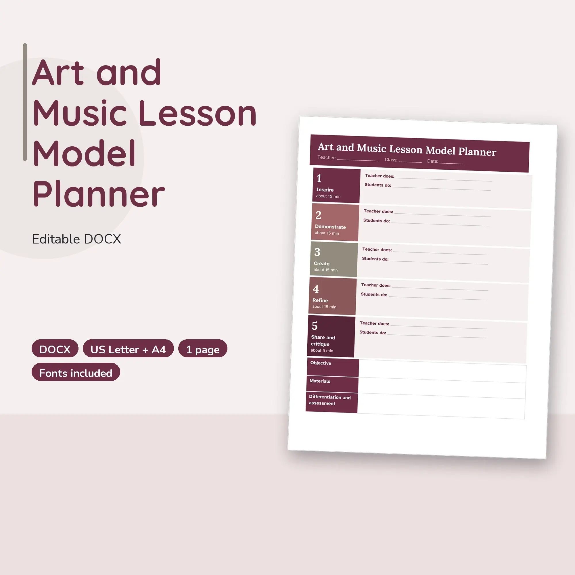 Art and Music Lesson Model Planner Template (DOCX), preview 1 of 2