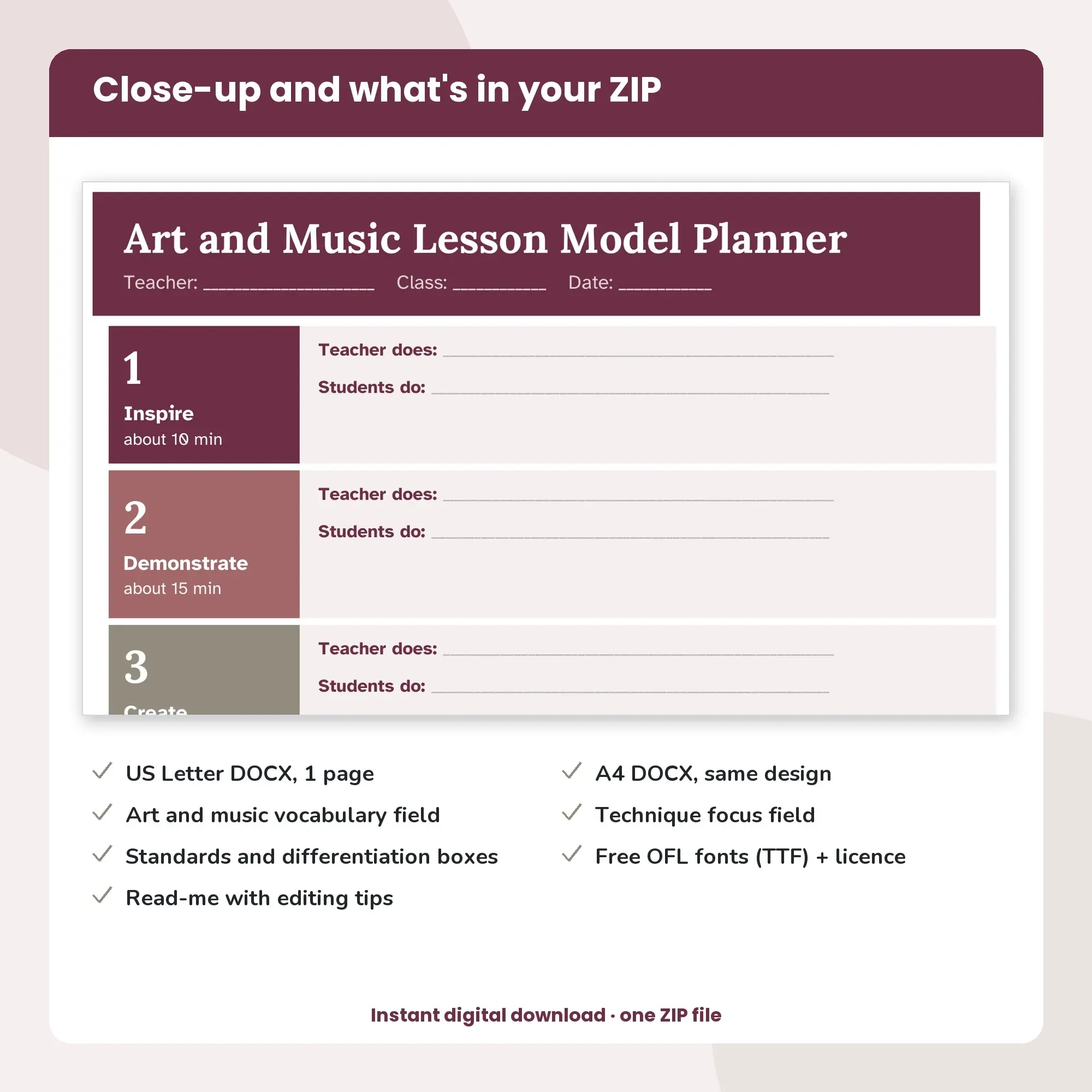 Art and Music Lesson Model Planner Template (DOCX), preview 2 of 2