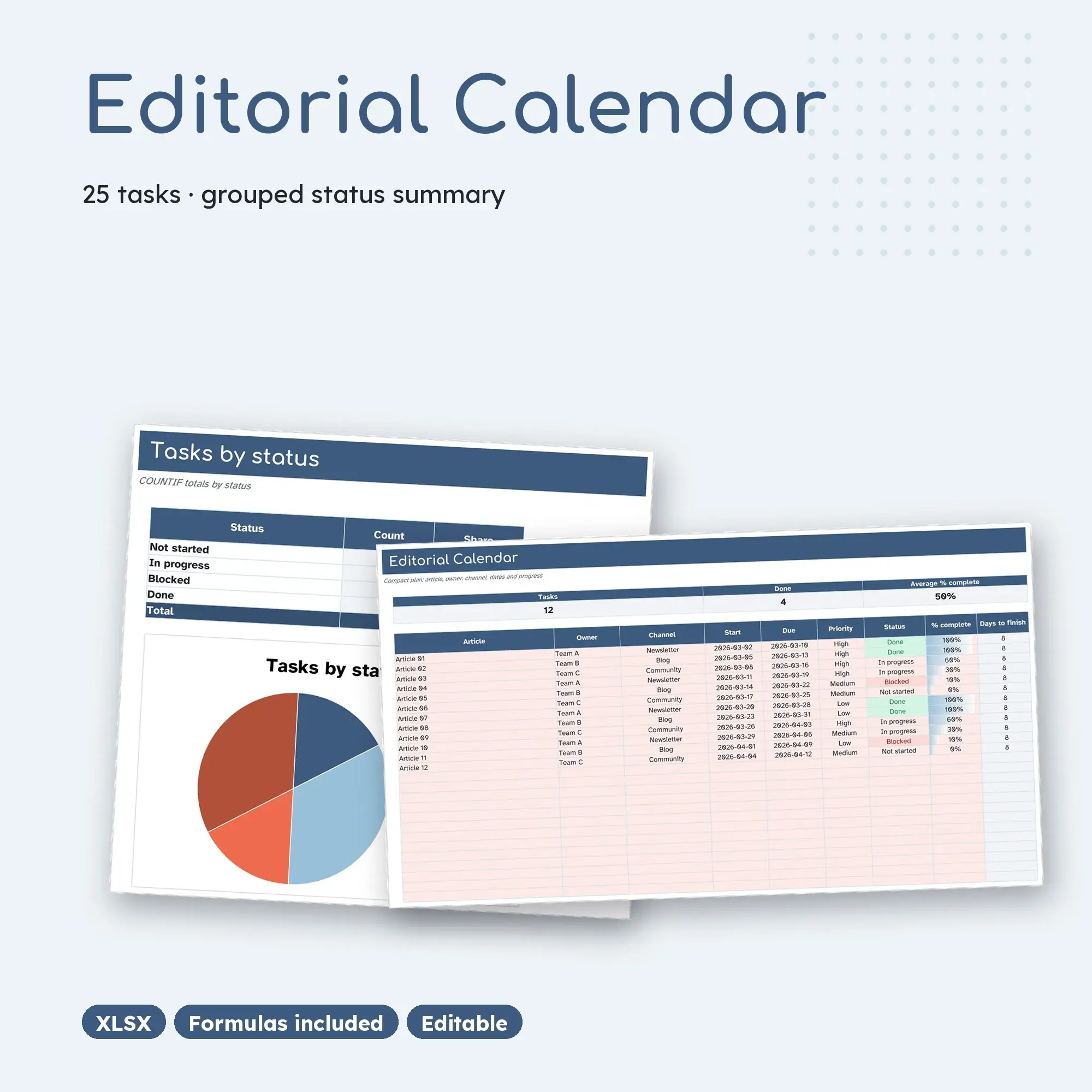 Editorial Calendar Spreadsheet, Compact 25-Row Tracker (XLSX) preview