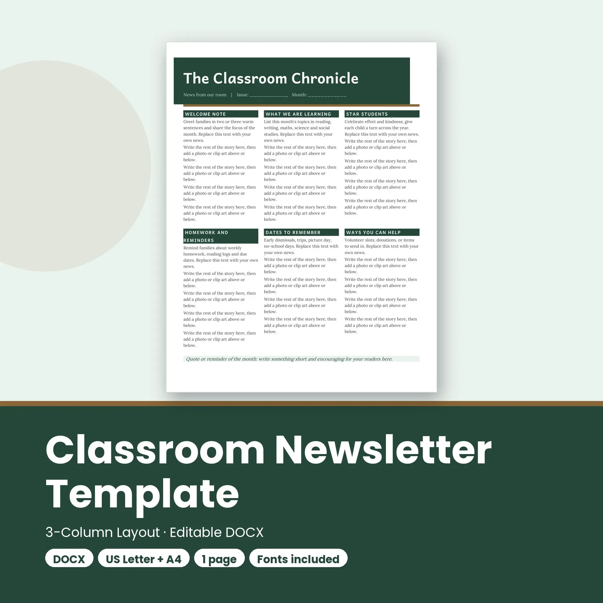 Classroom Newsletter Template, 3-Column Layout (DOCX) preview