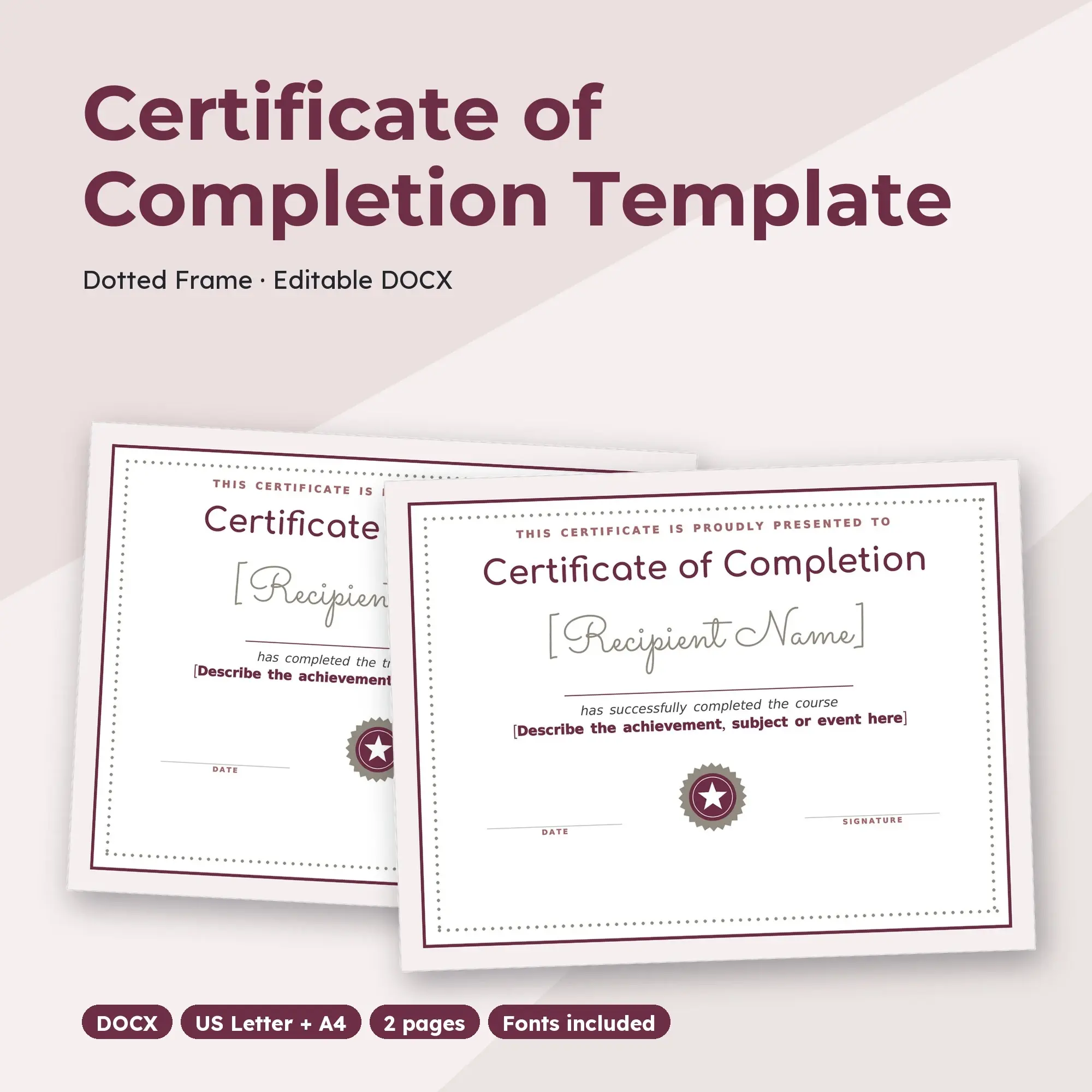 Certificate of Completion Template, Dotted Frame (DOCX) preview