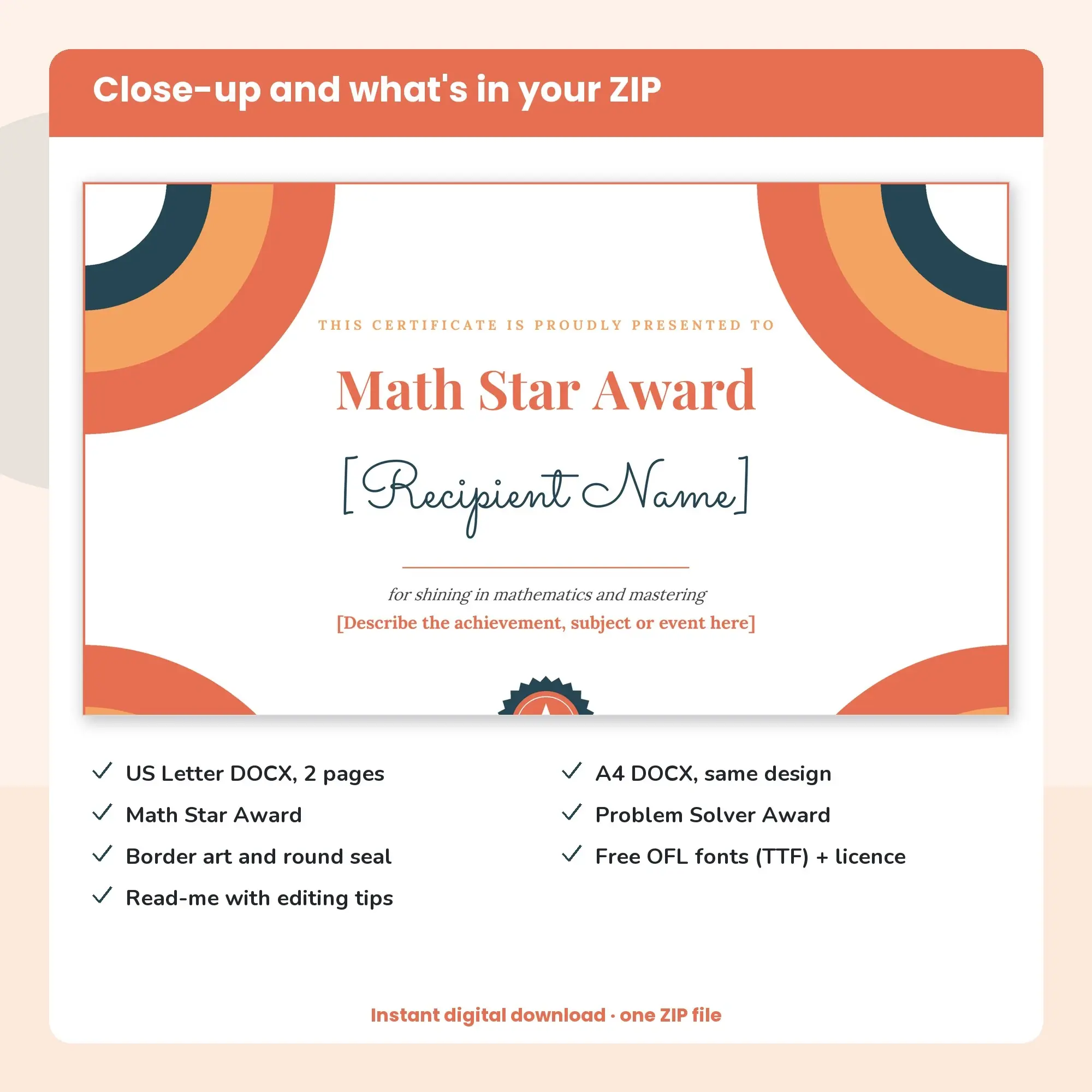 Math Star Award Certificate Template, Corner Arcs (DOCX), preview 2 of 2