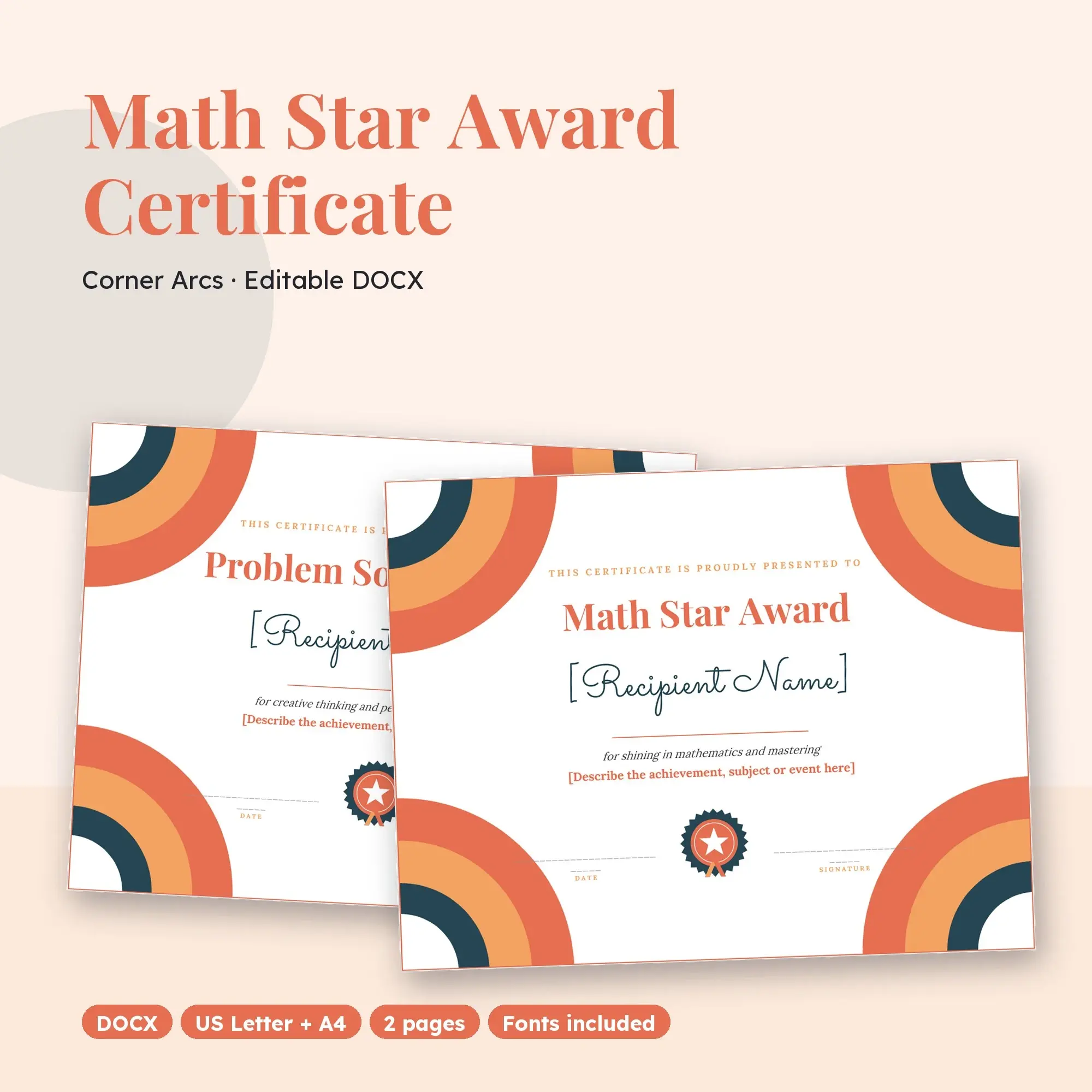 Math Star Award Certificate Template, Corner Arcs (DOCX) preview