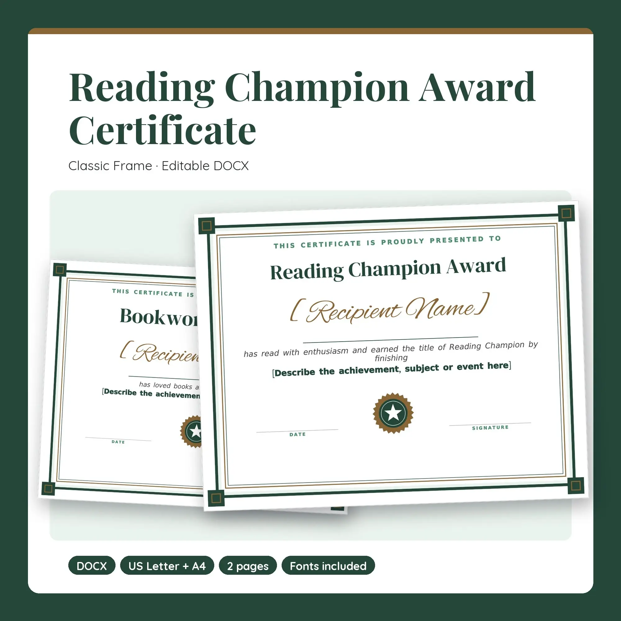 Reading Champion Award Certificate Template, Classic Frame (DOCX) preview