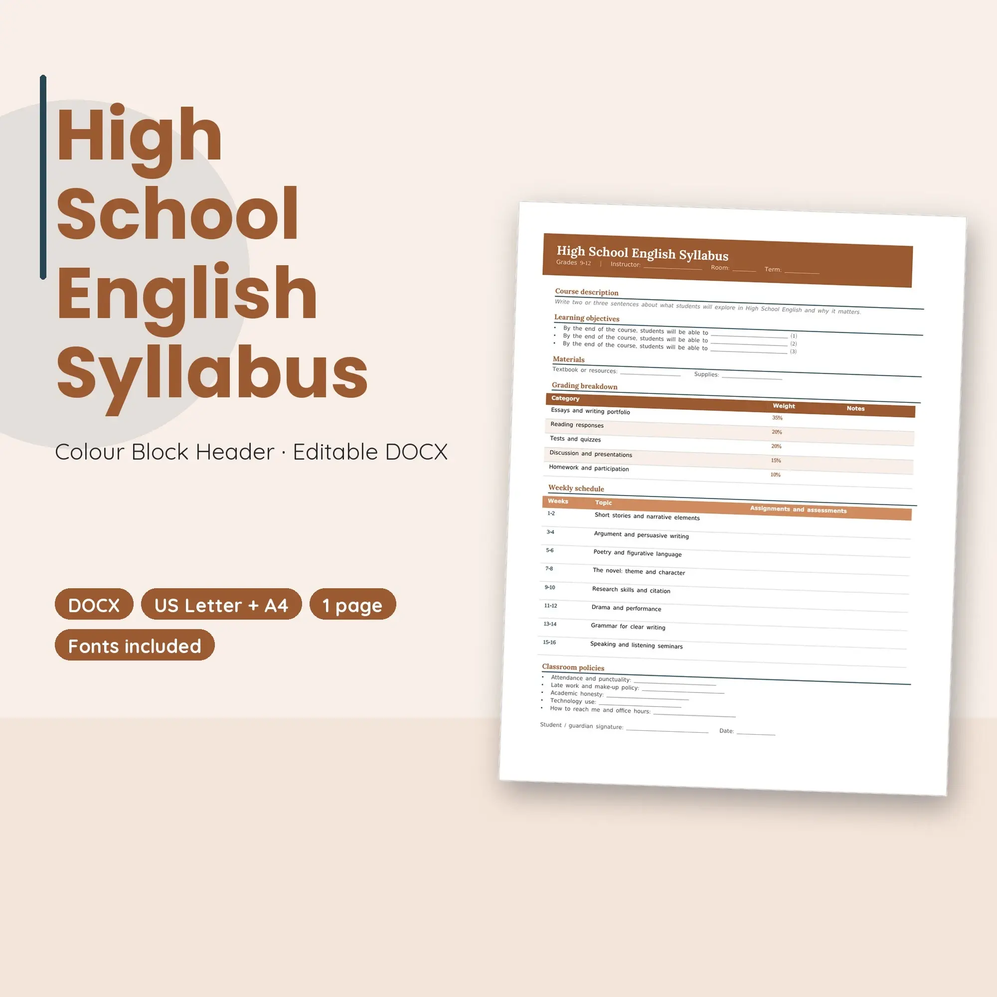 High School English Syllabus Template, Colour Block Header (DOCX) preview