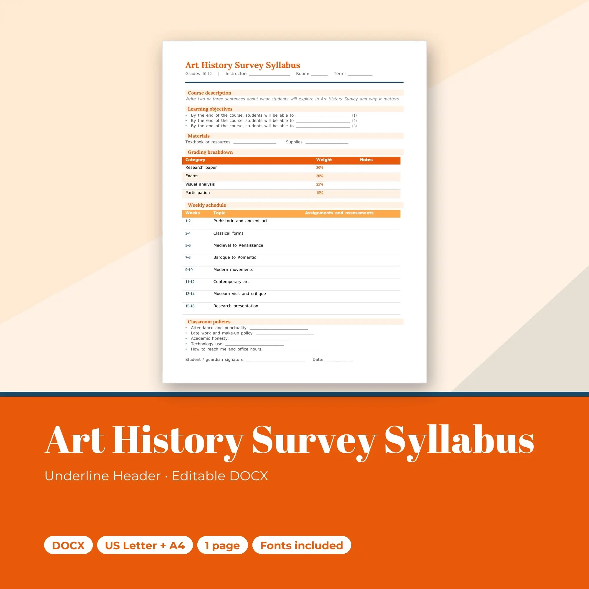 Art History Survey Syllabus Template, Underline Header (DOCX) preview