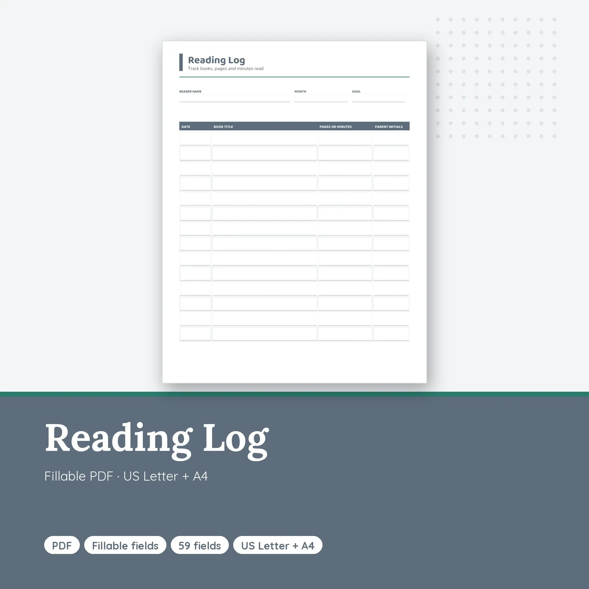 Reading Log PDF, Fillable Form (US Letter + A4) preview