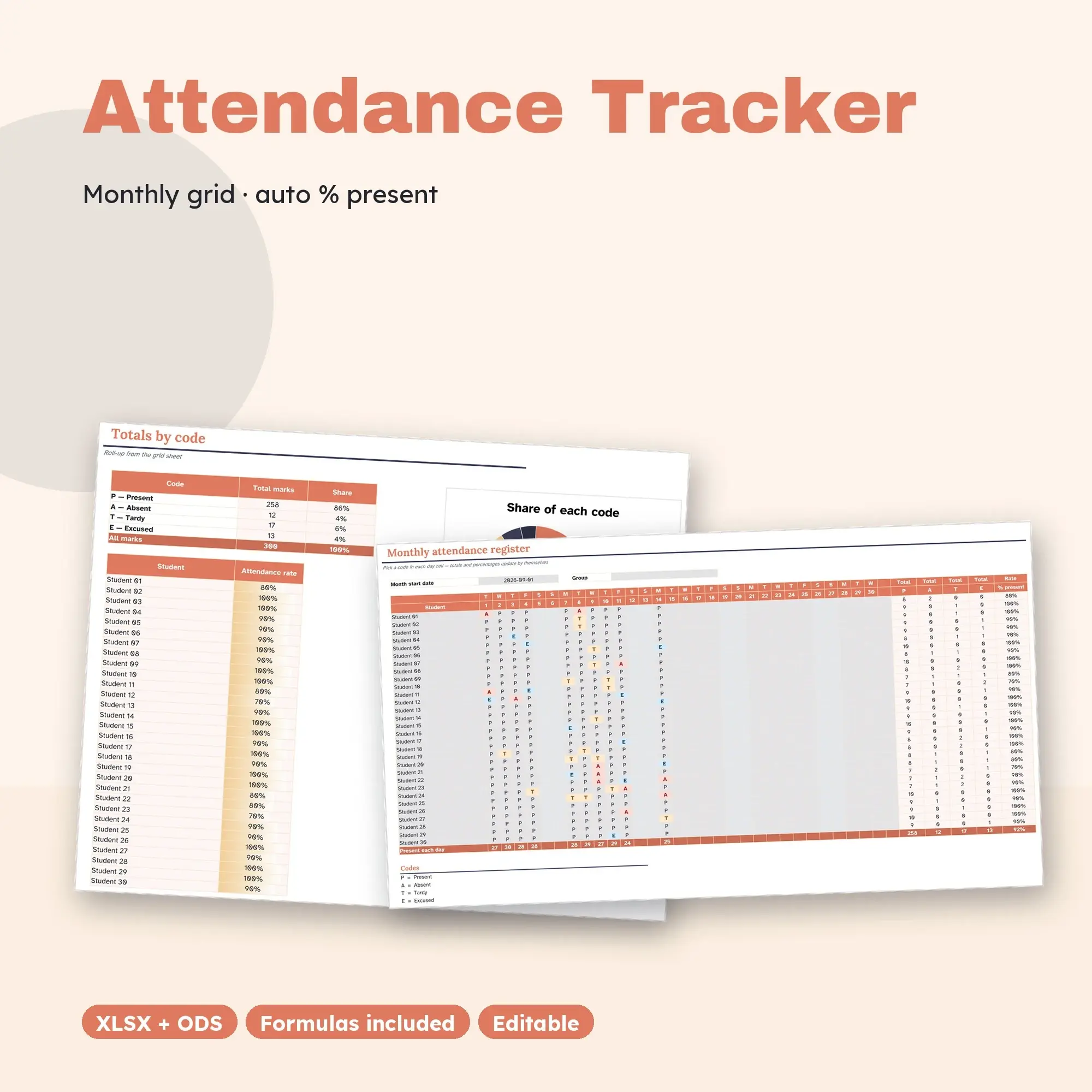 Attendance Tracker Spreadsheet, Monthly Grid for 30 Students (XLSX + ODS) preview
