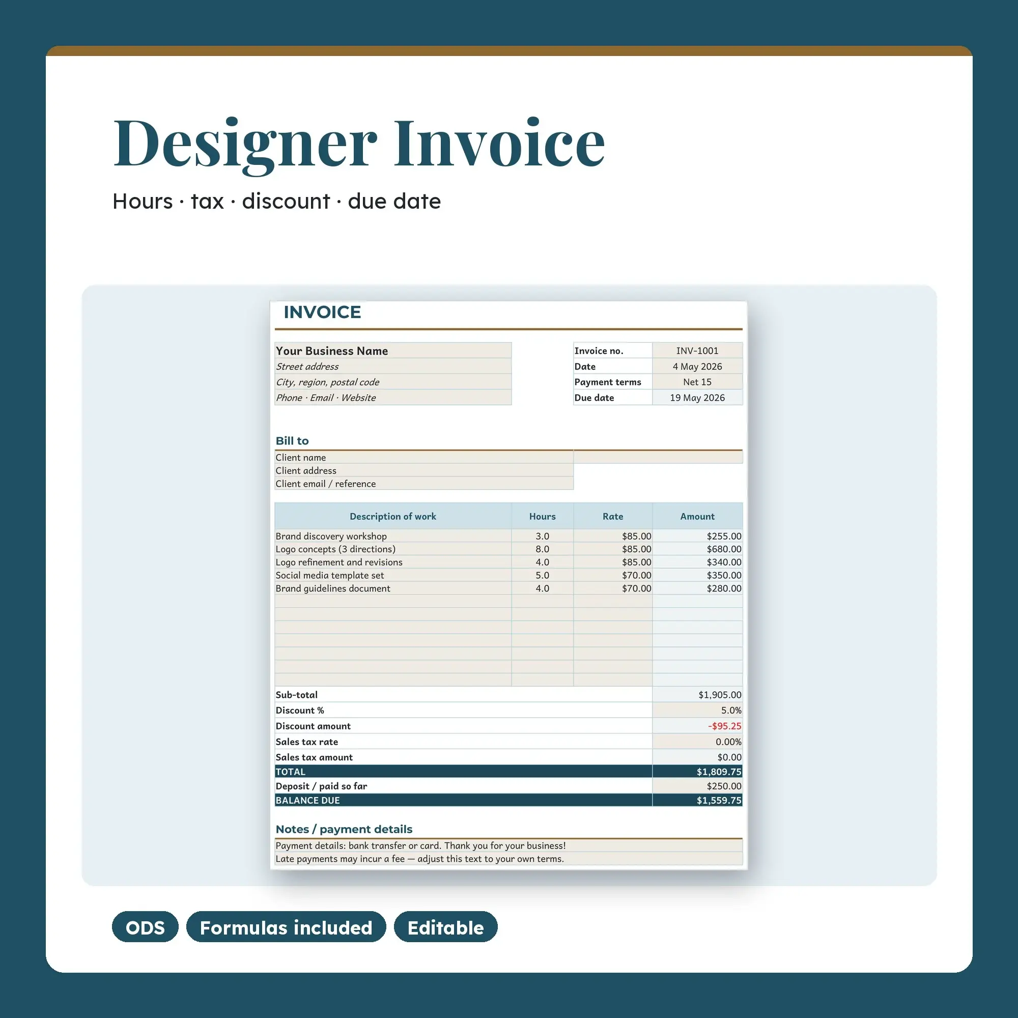 Freelance Designer Invoice Template Spreadsheet with Auto Totals (ODS) preview