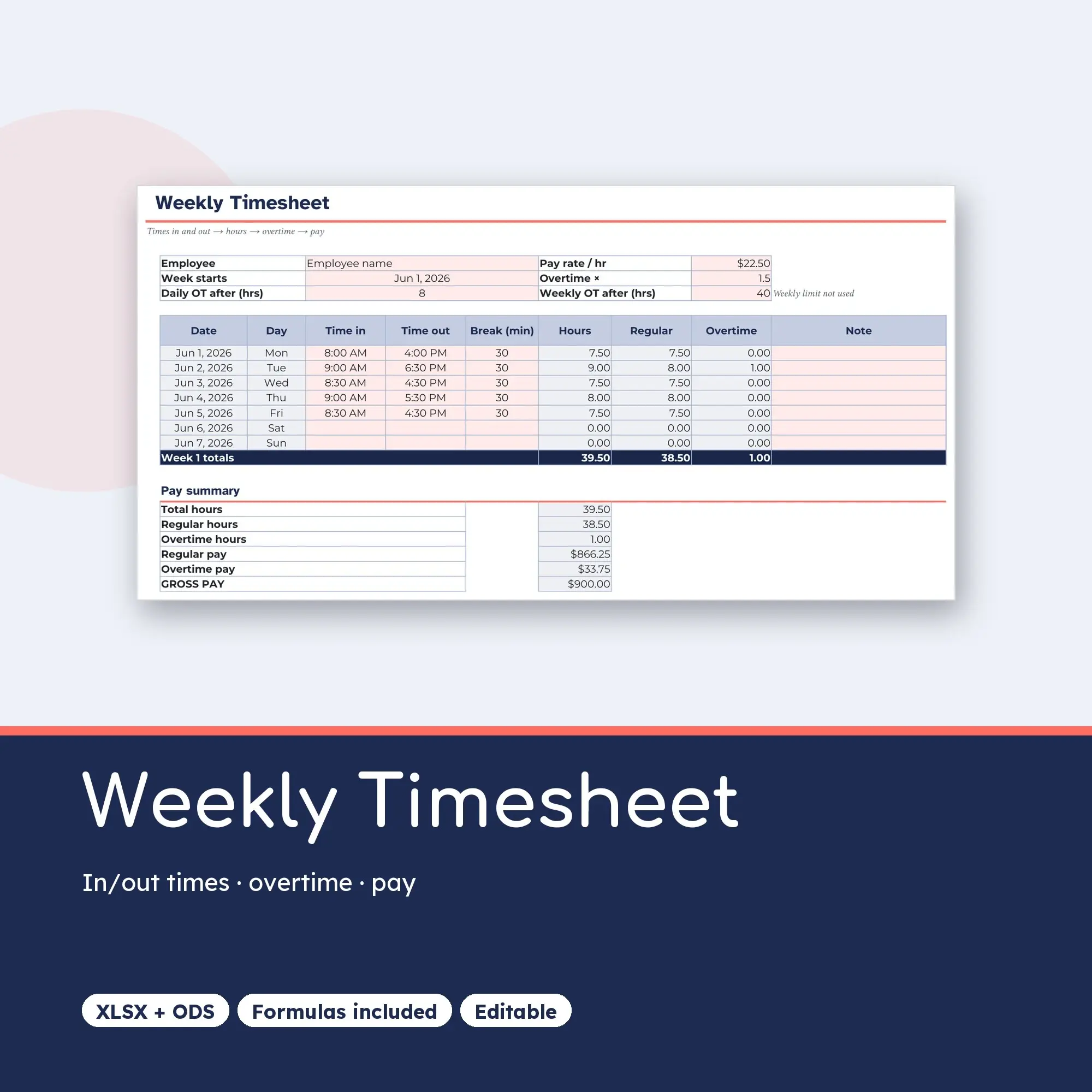 Weekly Timesheet Template Spreadsheet with Overtime Calculation (XLSX + ODS) preview