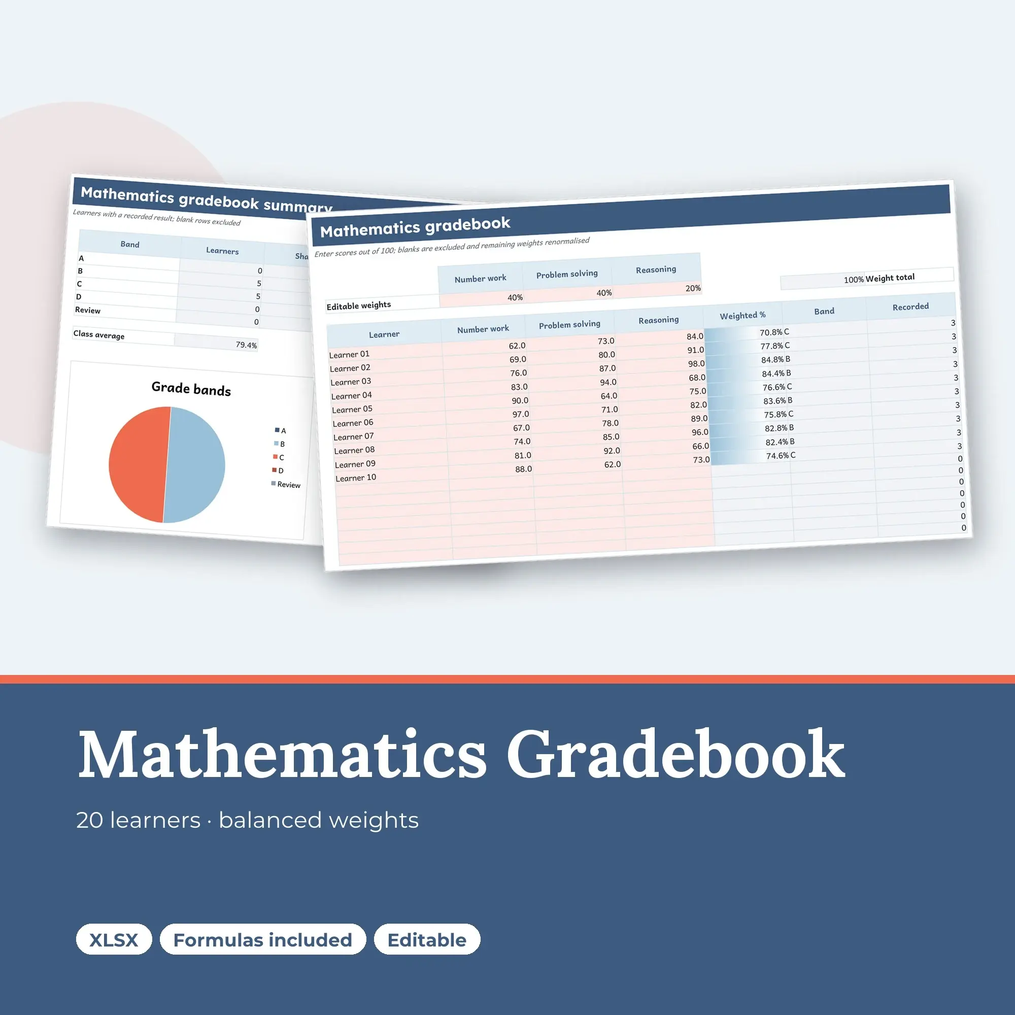 Mathematics Gradebook Spreadsheet, Balanced 20-Student Edition (XLSX) preview