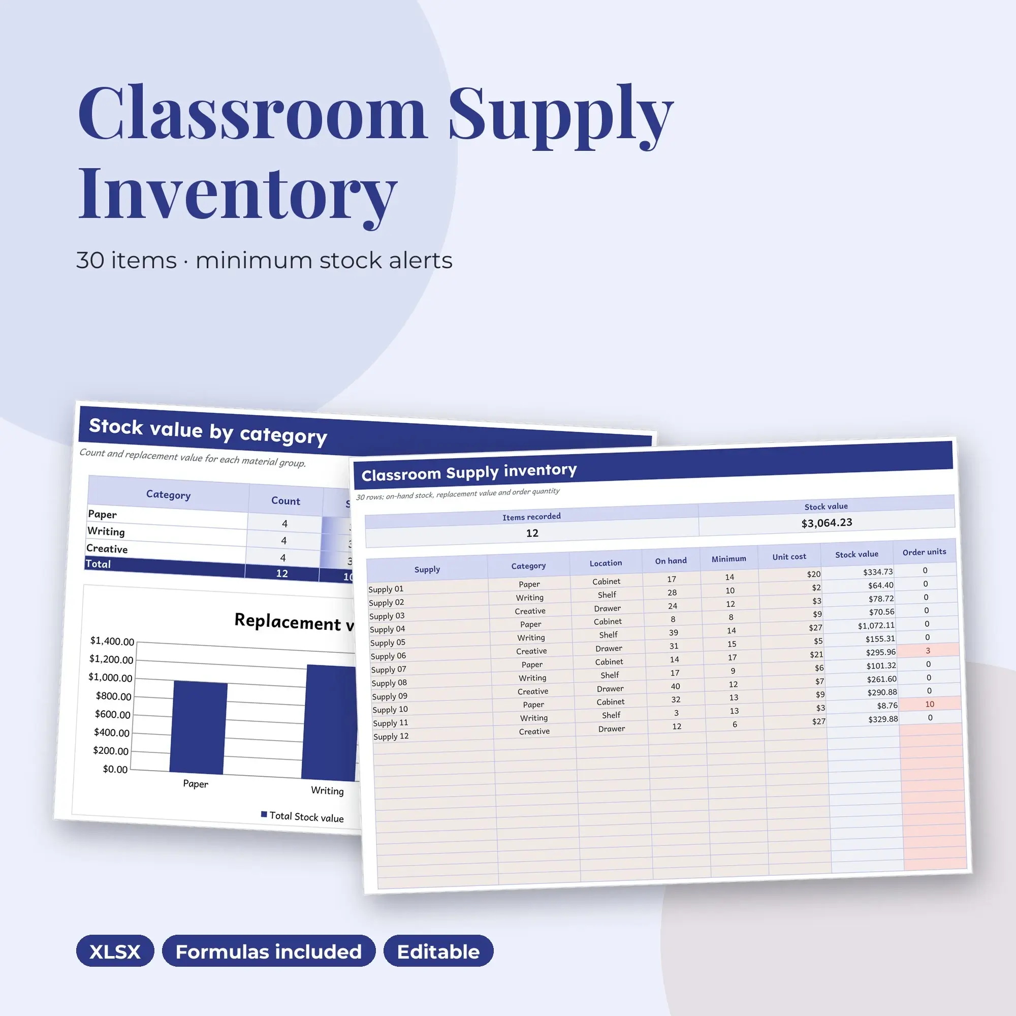 Classroom Supply Inventory Spreadsheet, Single Room 30-Item Tracker (XLSX) preview