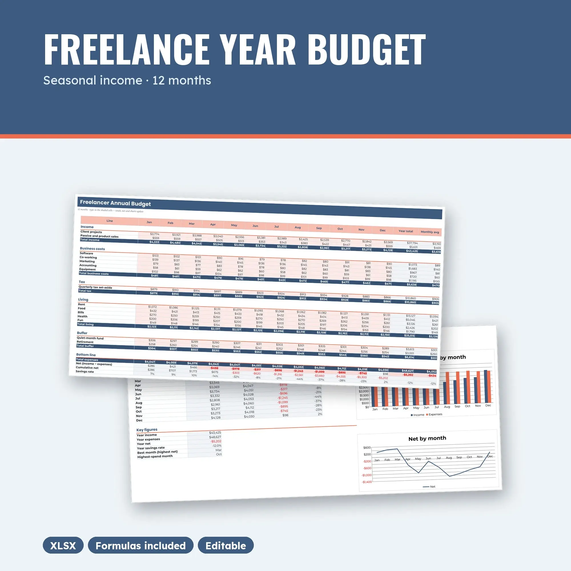 Freelancer Annual Budget Spreadsheet with Seasonal Income (XLSX) preview