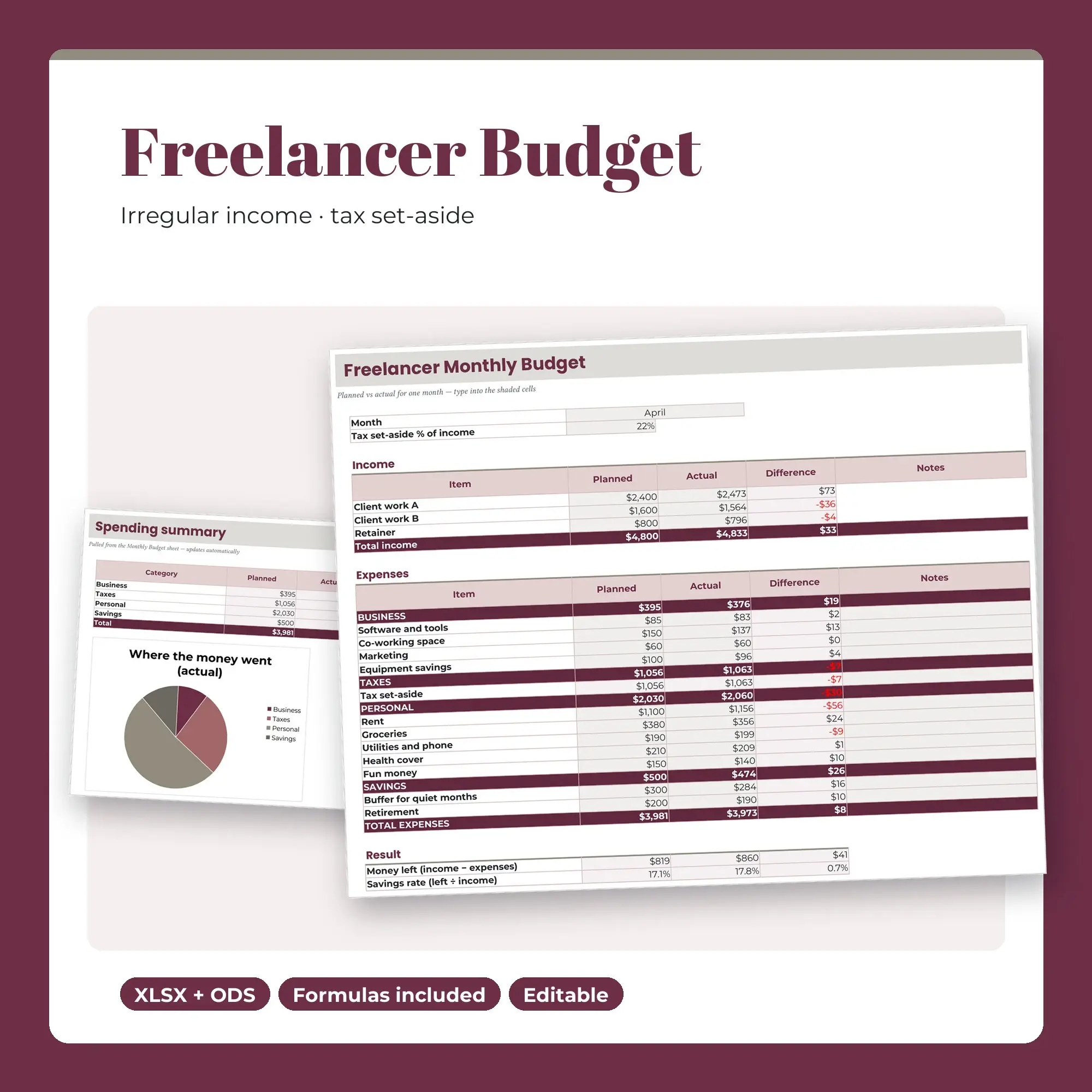 Freelancer Budget Spreadsheet with Tax Set-Aside, Monthly (XLSX + ODS) preview