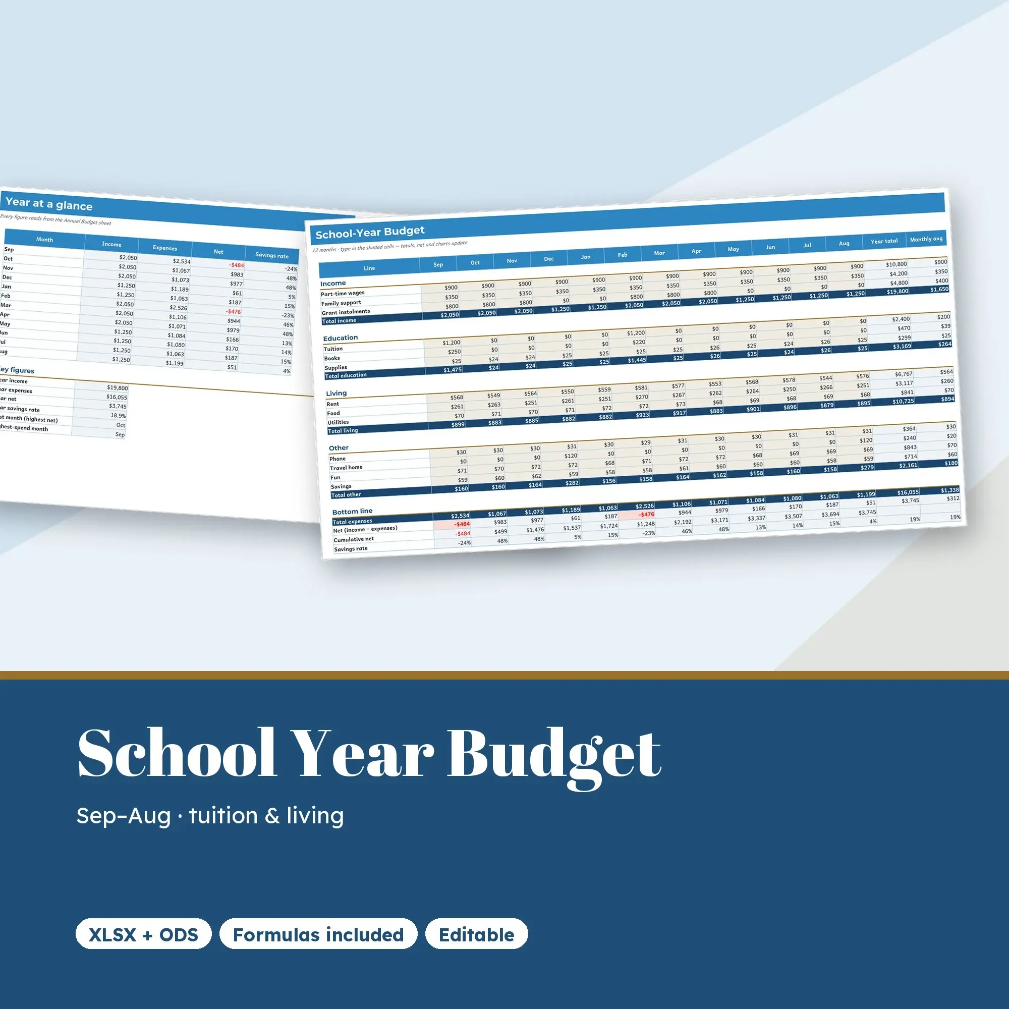 School Year Budget Spreadsheet, September to August Planner (XLSX + ODS) preview