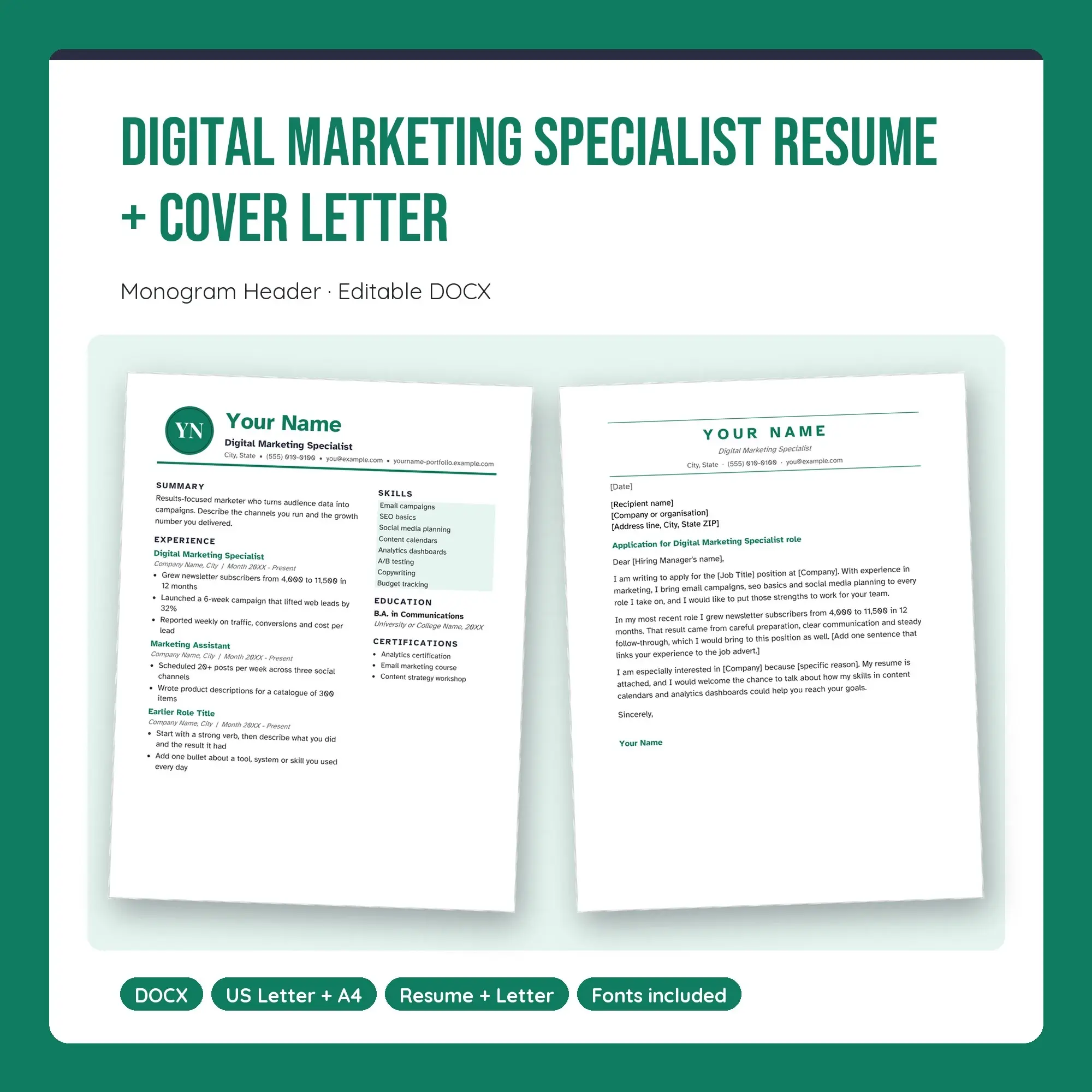 Digital Marketing Specialist Resume + Cover Letter Template, Monogram Header (DOCX) preview