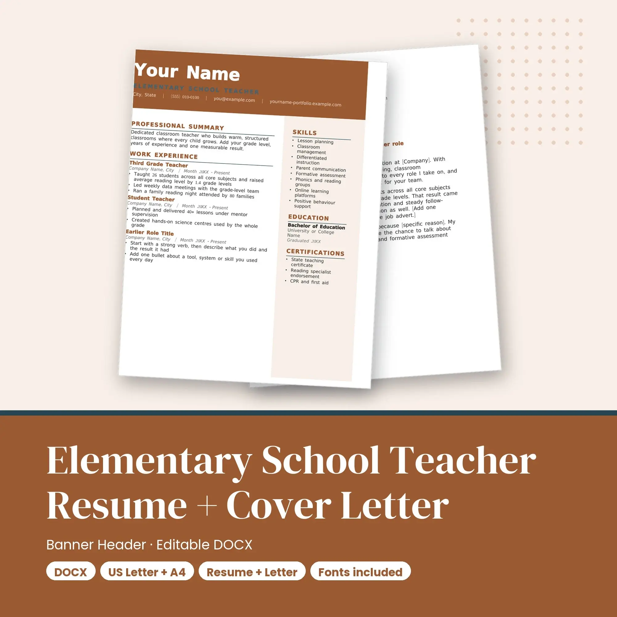 Elementary School Teacher Resume Template + Cover Letter, Banner Header (DOCX) preview