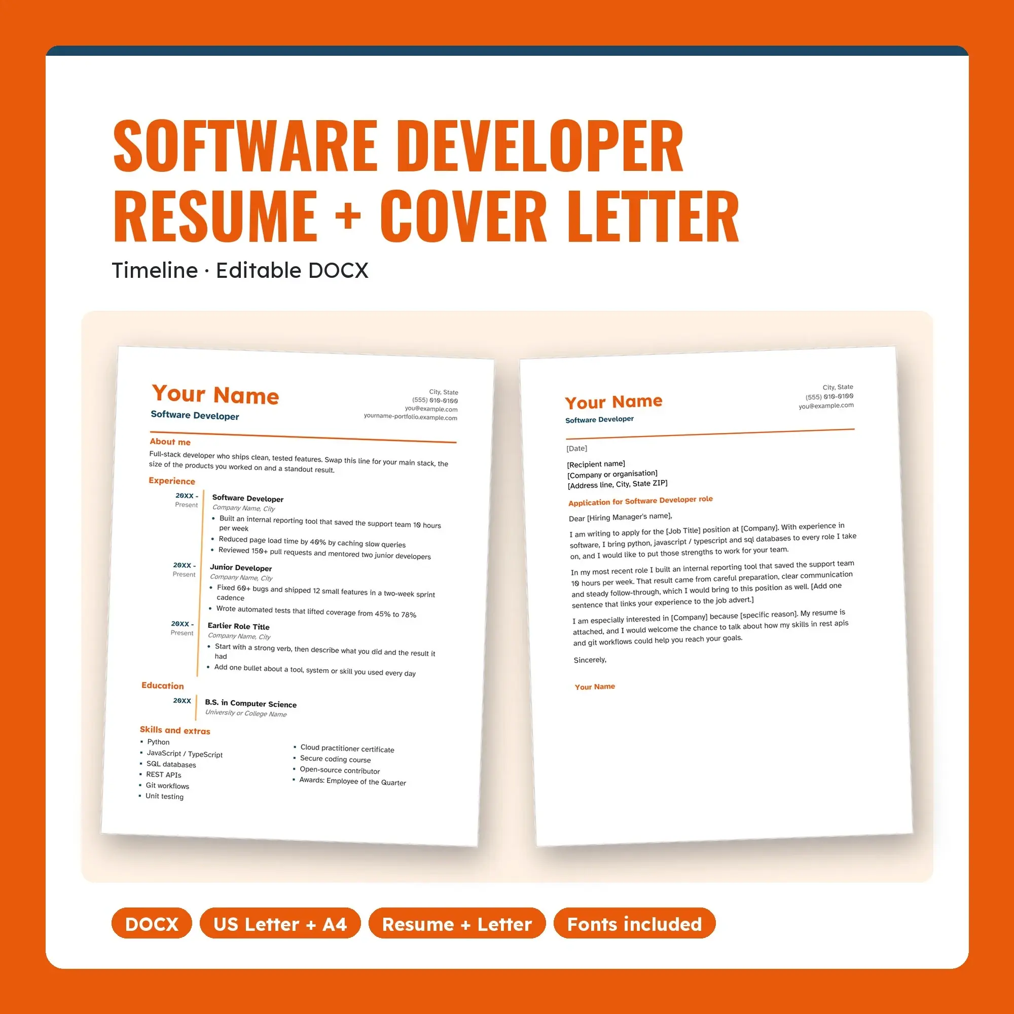 Software Developer Resume Template + Cover Letter, Timeline (DOCX) preview