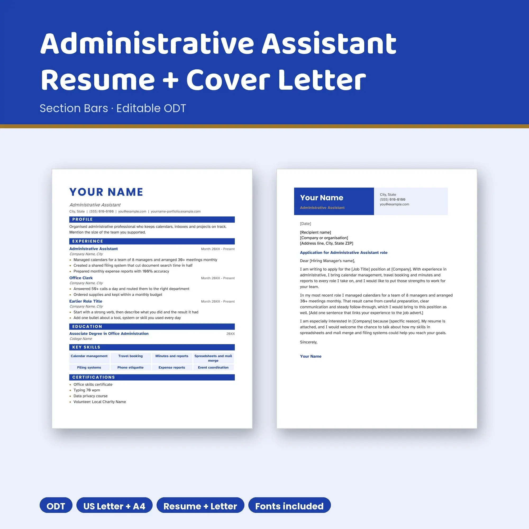 Administrative Assistant Resume Template + Cover Letter, Section Bars (ODT) preview