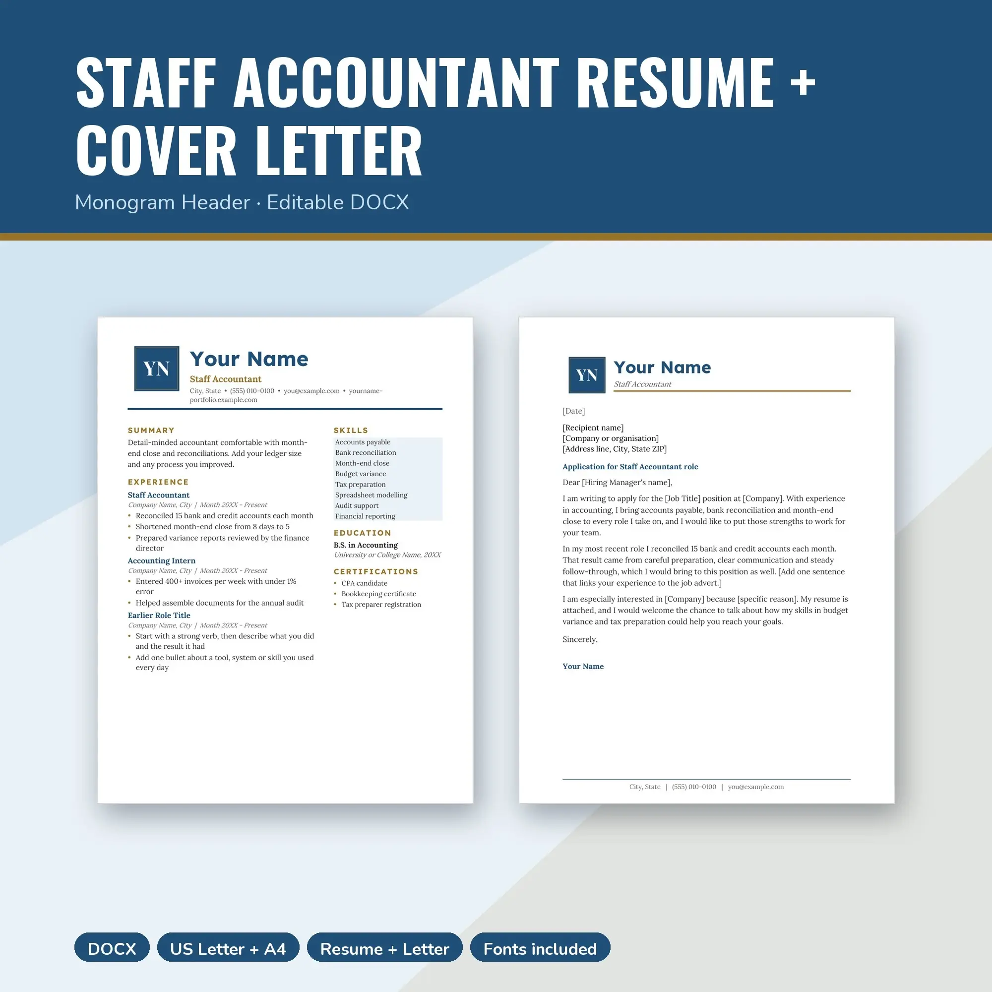 Staff Accountant Resume Template + Cover Letter, Monogram Header (DOCX) preview